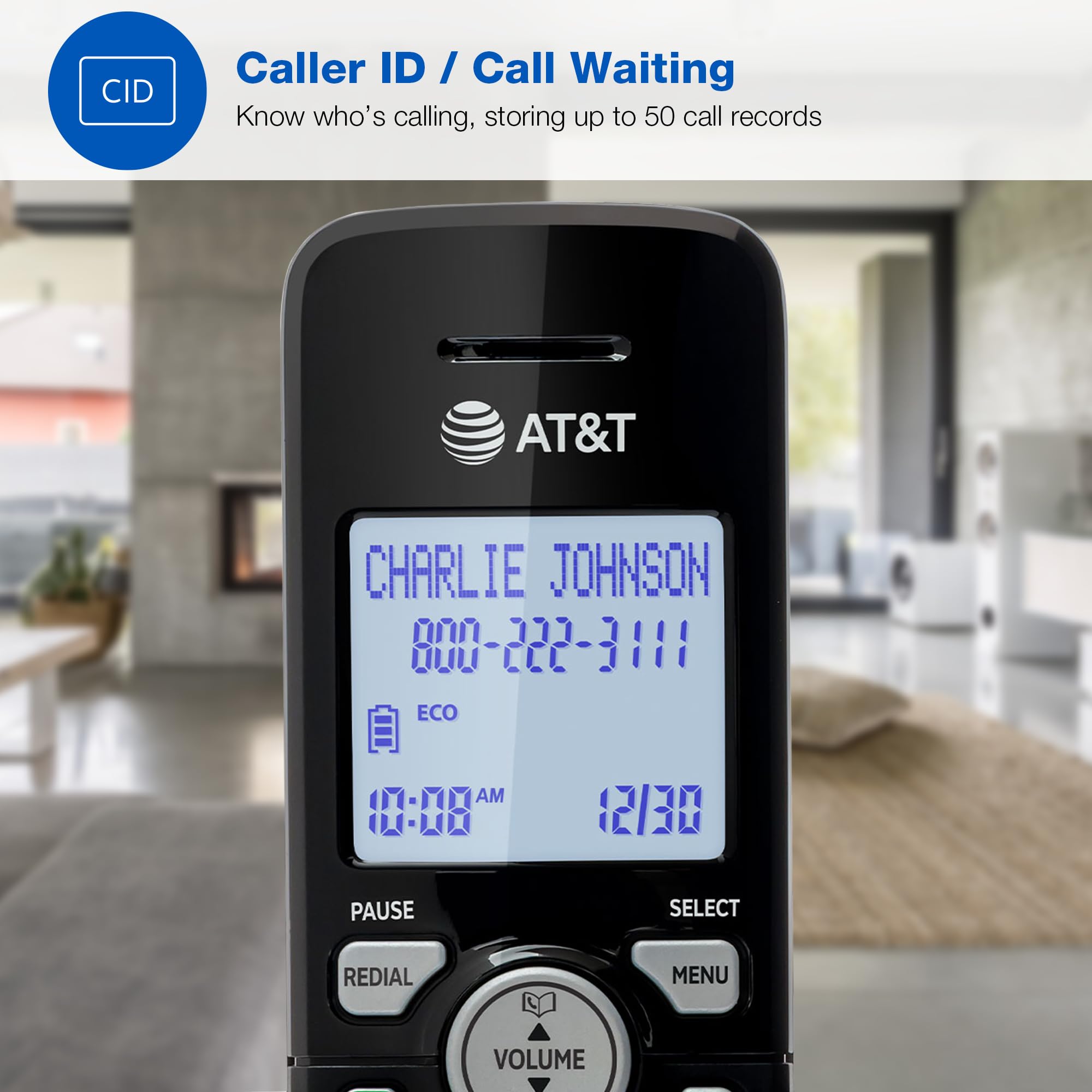 AT&T - Teléfono Fijo de 1 Auricular con identificador de Llamadas/Llamada en Espera, teléfono inalámbrico DECT 6.0 Full-Duplex Handset Altavoz, Teclado retroiluminado y visualización, Modo silencioso