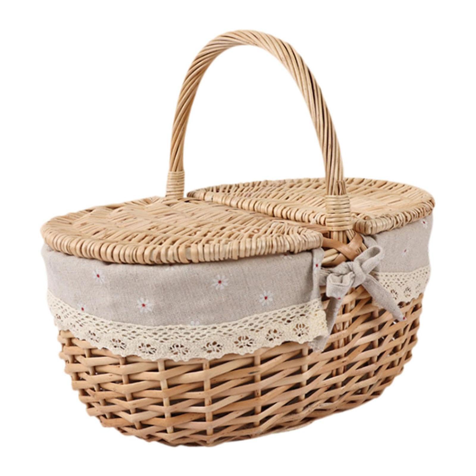 Cestino da Picnic per Esterni con Coperchio, Manico E Fodera Removibile, Ideale per Picnic, Picnic, Riunioni di Famiglia, Parco Ed Escursion, Grigio Beige, Grande