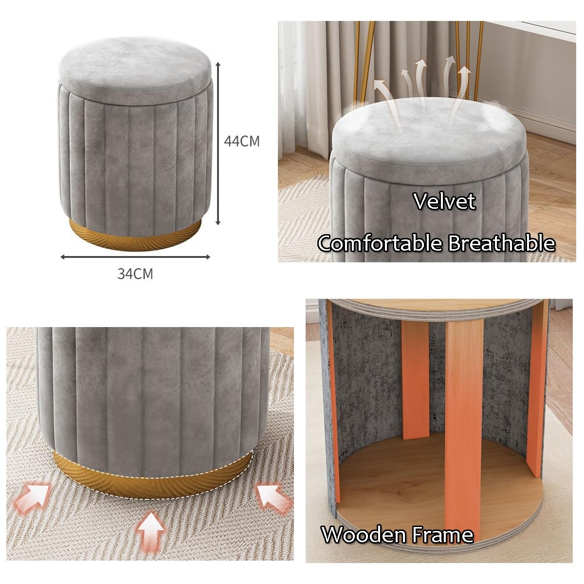 Ottomane mit Stauraum, rund, Leinen, gepolstert, Sitzhocker, für Schlafzimmer, Wohnzimmer, Ankleide, Flur, Fußhocker, Pouffes Stuhl