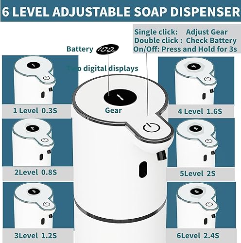 Miniatura 2 de Dispensador automático de jabón sin contacto, dispensador de jabón espumoso, 6 niveles ajustables, manos libres, dispensador recargable por USB,