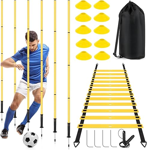 SMTPDT Soccer Agility Training Equipment: 6 Soccer Agility Poles, 20ft Agility Ladder, 10 Soccer Cones, 1 Jump Rope. Soccer Training Poles for Speed Training, Agility Training