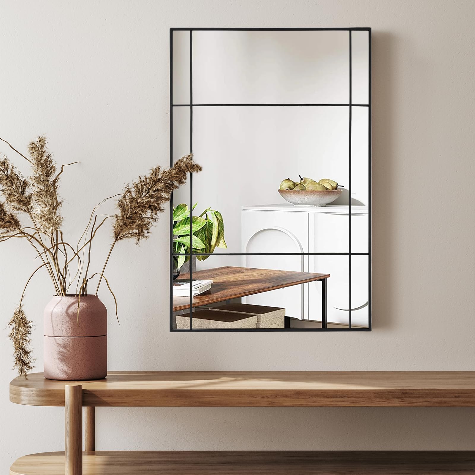Muzilife Specchio da Parete Nero con Cornice in Metallo, 90x60 cm Specchio Decorativo Rettangolare per Camera da Letto, Sala da Pranzo, Corridoio, Bagno, Appendibile o Appoggiato alla Parete