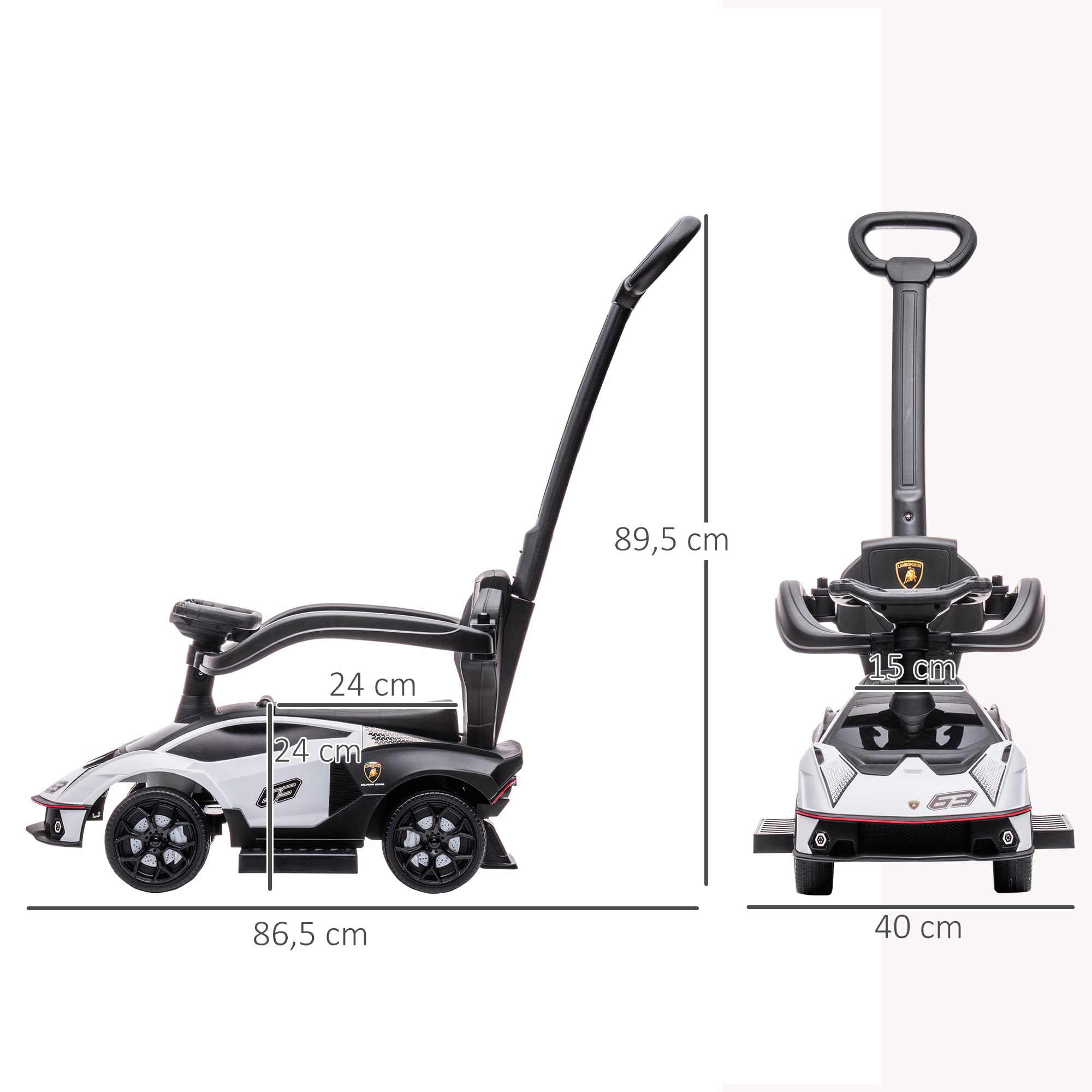 AIYAPLAY 2 en 1 Coche Correpasillos para Niños 12-36 Meses Lamborghini Essenza SCV12 Andador Empujador con Bocina Mango de Empuje y Barandilla Extraíbles 86,5x40x89,5 cm Blanco y Negro