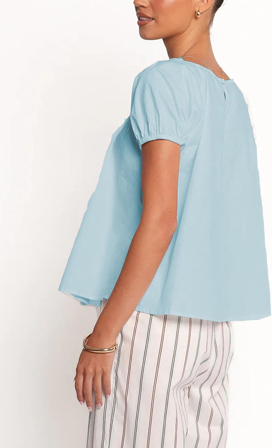 Zontroldy Women's Summer Cotton Blouses Tops Pleated Short Sleeve Crewneck Casual Babydoll Shirts(1517-Blue-S) - Image 2