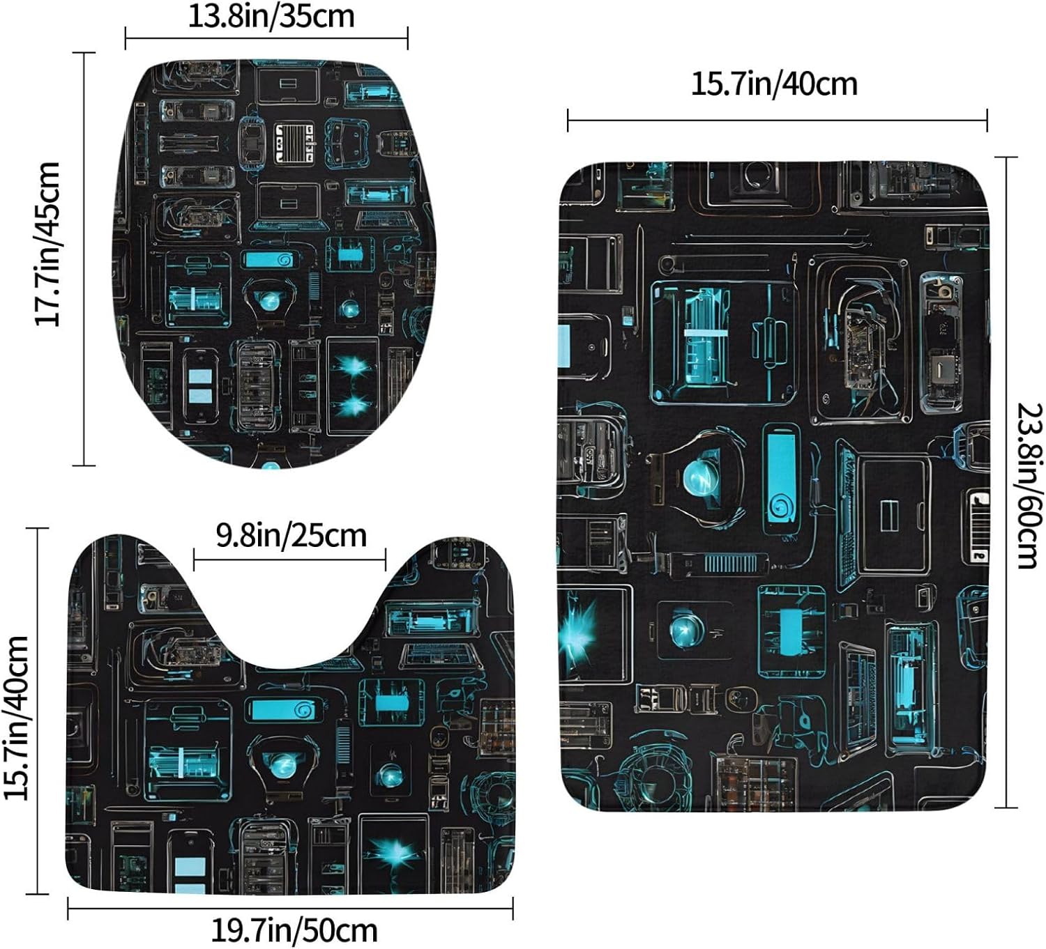 Game Video Gaming Pattern Print 3pc Bathroom Rug Set, Soft Flannel, Non-Slip, Absorbent Bath Mat, Contour & Lid Cover, Hand Wash
