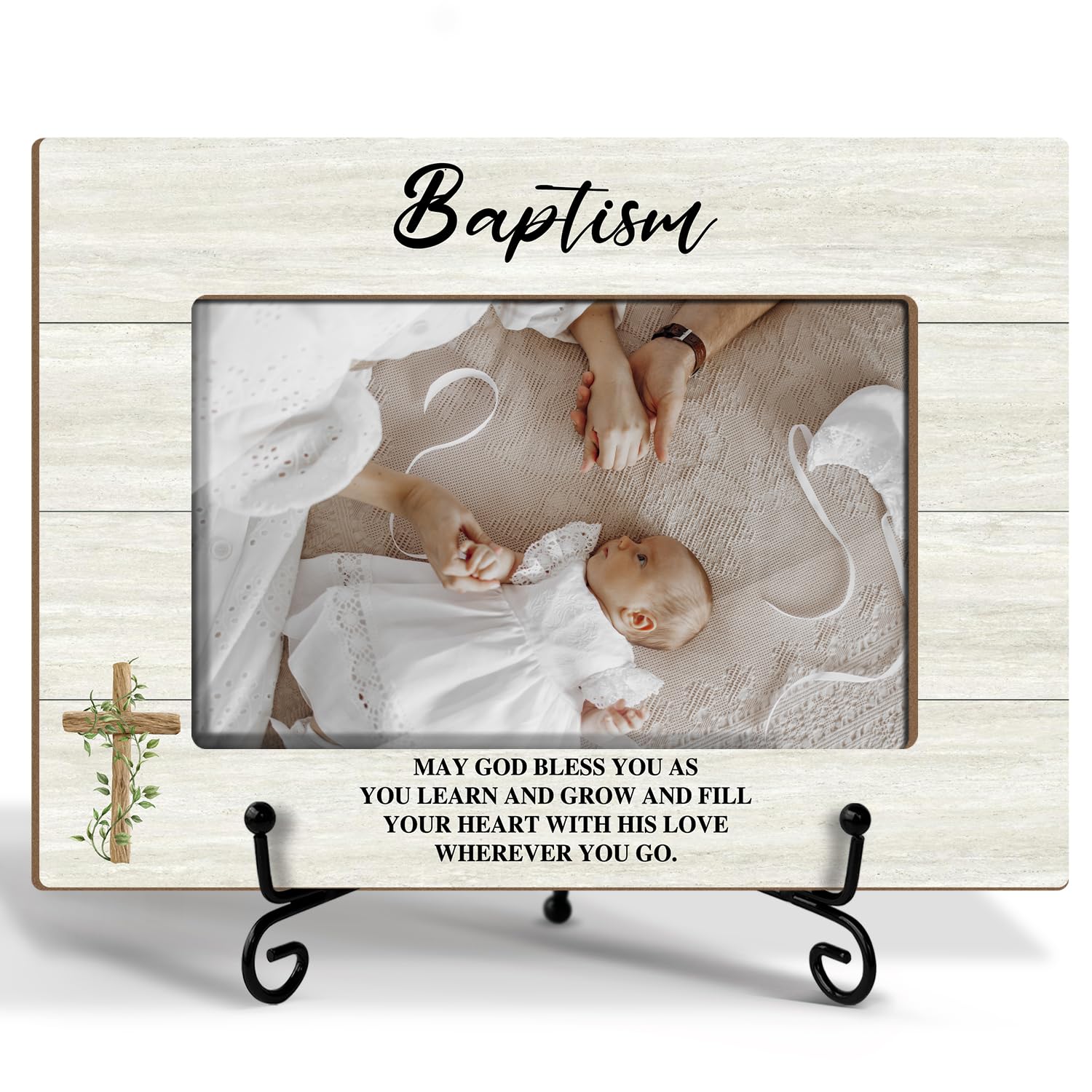 Cadre photo baptême cadeau religieux bois pour décoration chambre nouveau-né