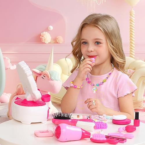 Miniatura 5 de VGOFUN Juguetes de peluquería para niñas, 27 piezas de salón de belleza para niños, kit de estilista de belleza con luz musical y secador de pelo