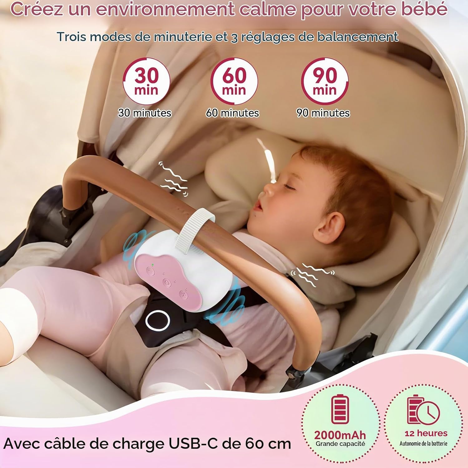 Baby Rocker, Bercement Poussette avec 3 Intensités de Balancement, Minuterie 30/60/90 min, - Mise en situation et utilisation