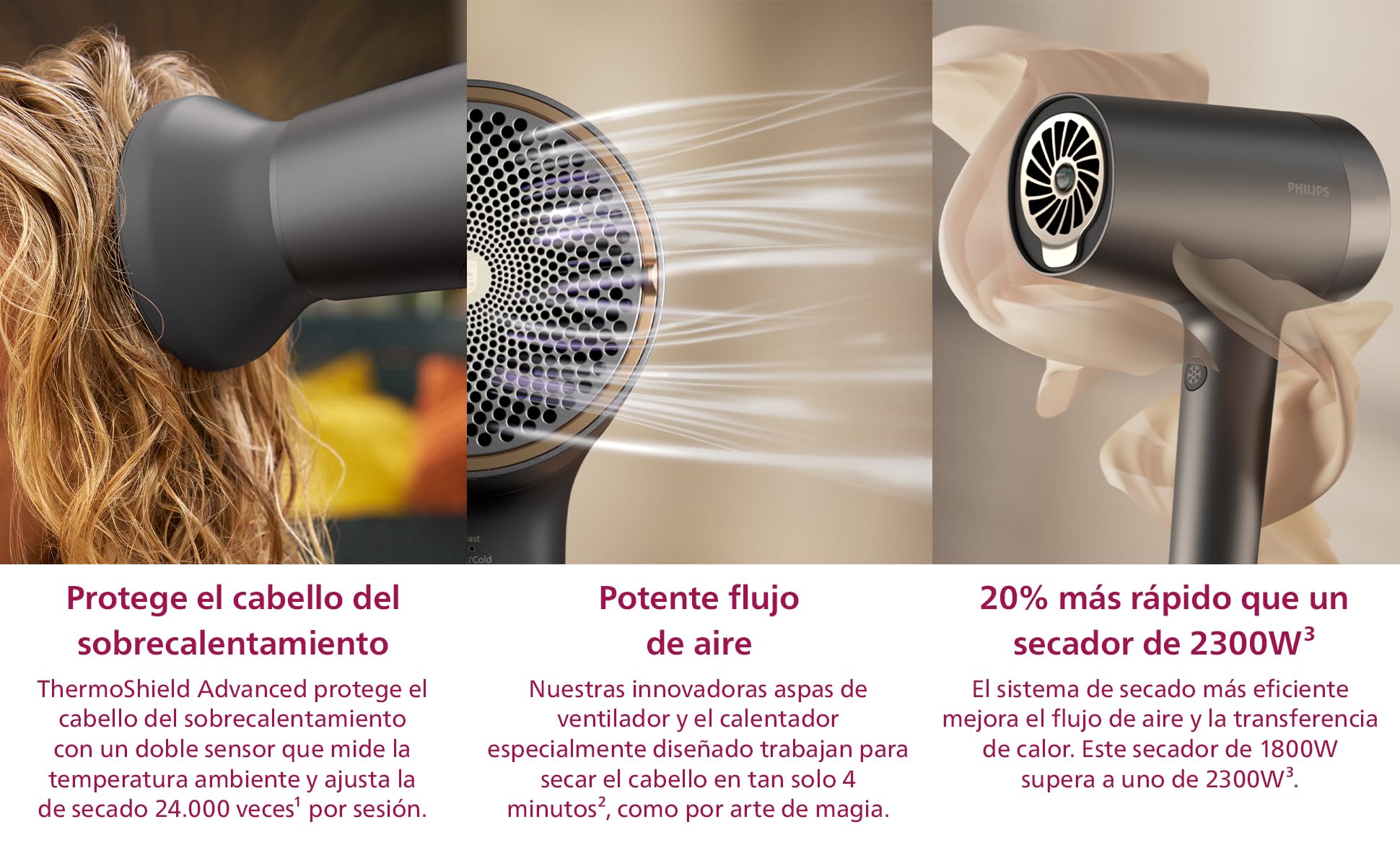 Philips Secador Serie 7000, Seca y Moldea Fácilmente, Tecnología ThermoShield Advanced que Protege de daños por calor, iones Minerales, con Boquilla y Difusor, 1800 W (modelo BHD713/10)