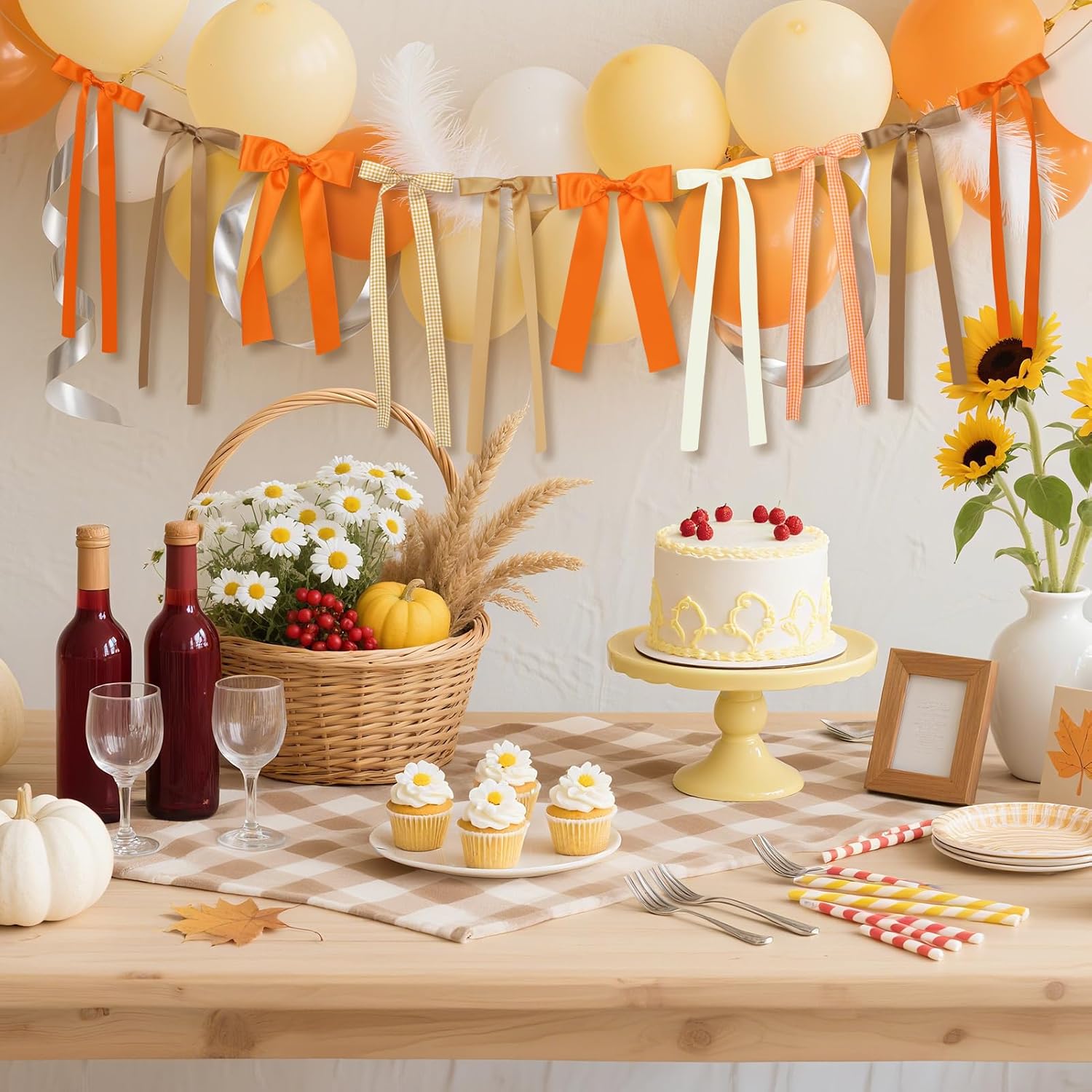 Fall Bow Garland, Fall Mantel Bows Garland Thanksgiving Bow Banner Autumn Hanging Garlands Fall Decorations for Home Office Fireplace Mantle Decor, Table Wall Halloween Thanksgiving Farmhouse Decor