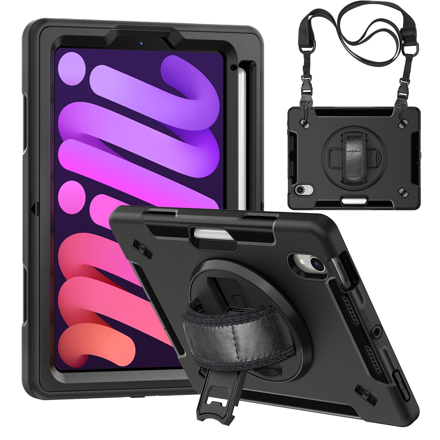 JunfireRugged Case for iPad Mini A17 Pro 8.3 Inch 2024/iPad Mini 6 (8.3 Inch) 2021, Shockproof Protective Case with Screen Protector, Rotating Stand, Hand Strap, Shoulder Strap, Pen Holder, Black