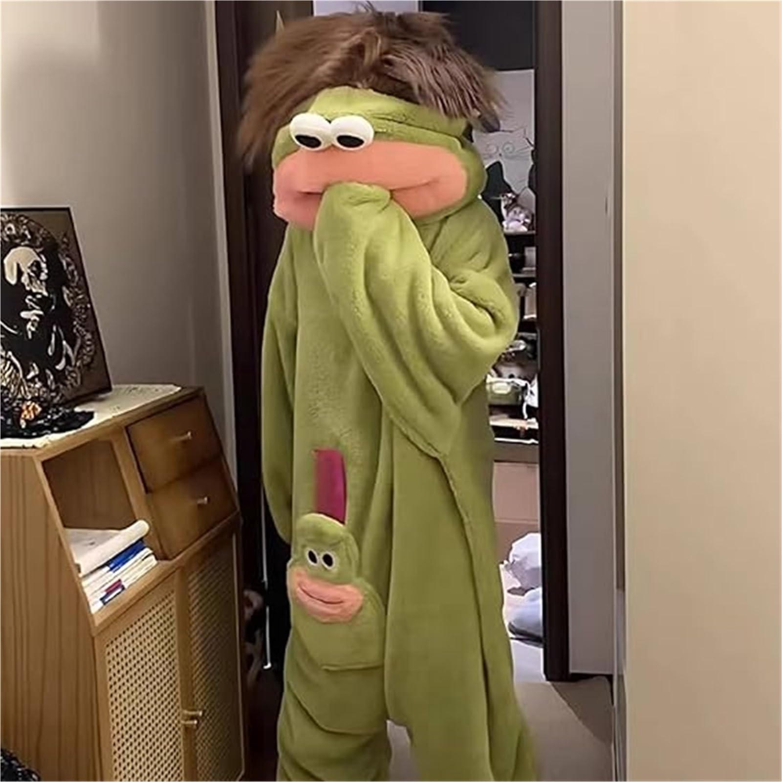 Silly Onesie Tuta in Pile di Corallo Oversize per Adulti, Pigiama Tutina in Peluche Ultra Morbido con Cappuccio, Accogliente in Verde in Un Pezzo per Famiglia Uomini E Donne
