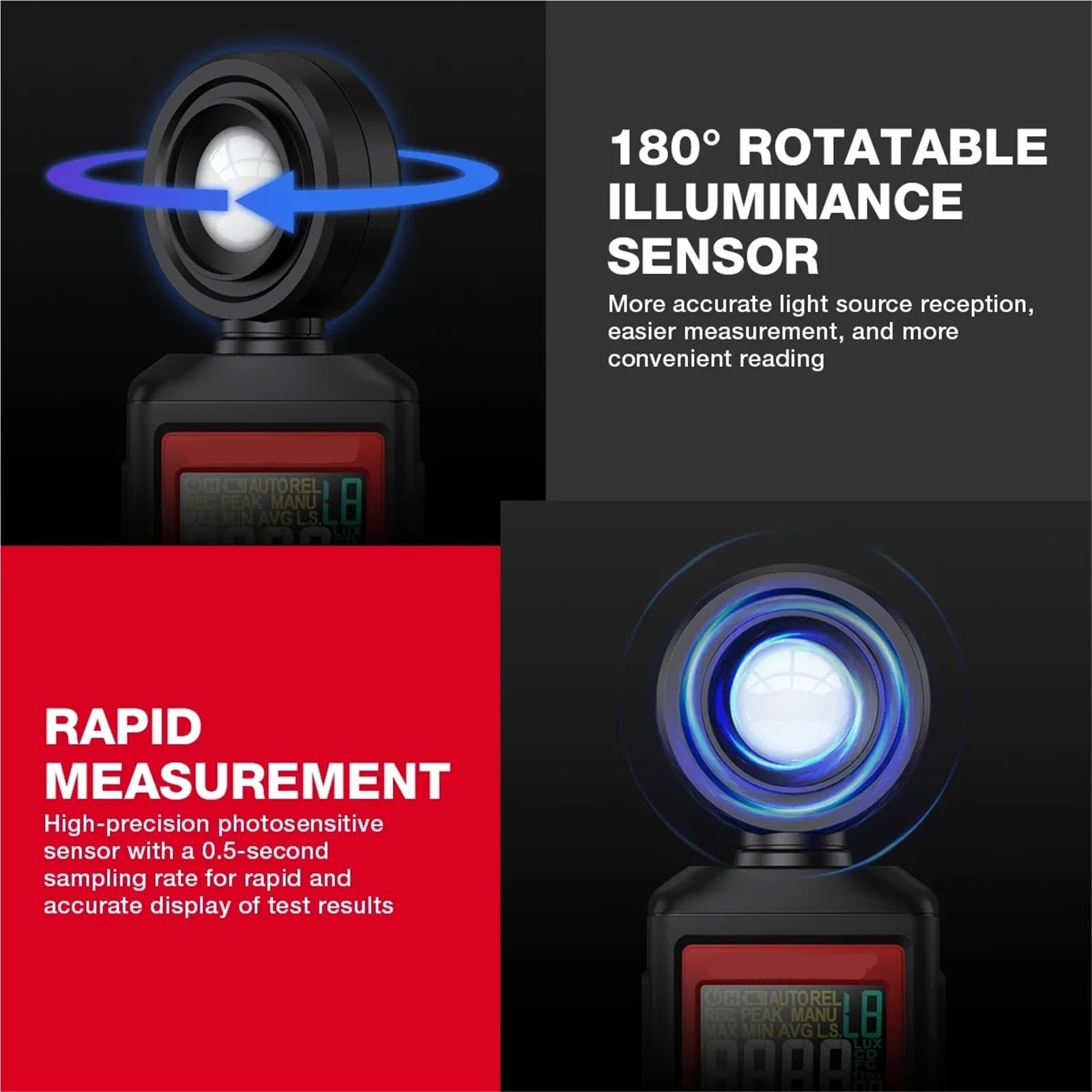 Medidor de luz Digital, Luxómetro Digital HT620 De Alta Precisión Profesional 180° con Sensor Luz Giratorio. Fotómetro Lux para Plantas de Interior y jardín, fotografía(HT620L)