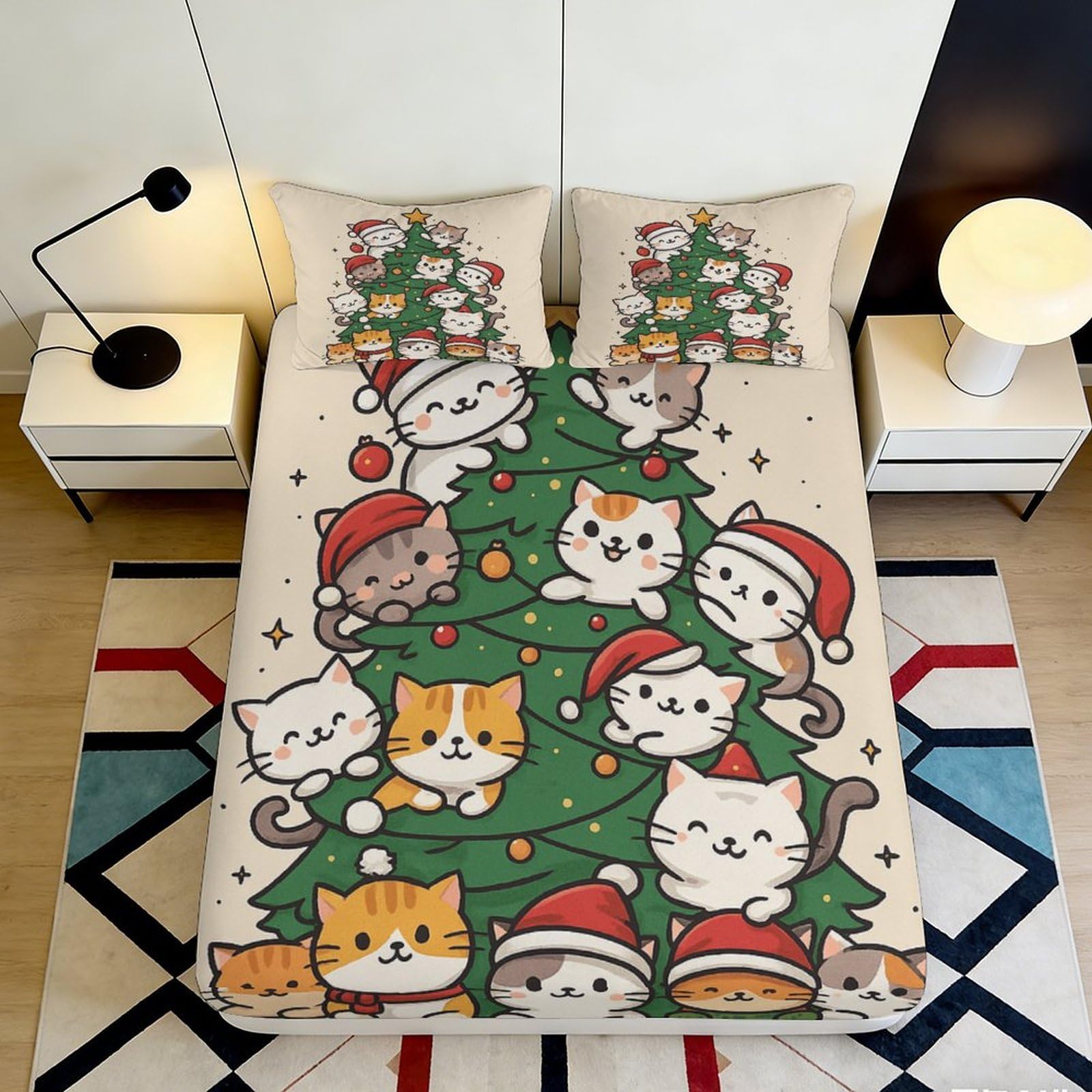 3D Printed Christmas Tree Cat Fitted Sheet Microfiber Soft Breathable Santa Hat Bed Cover for Bedroom Decor Dorm Mattress Protection 90x200x25cm