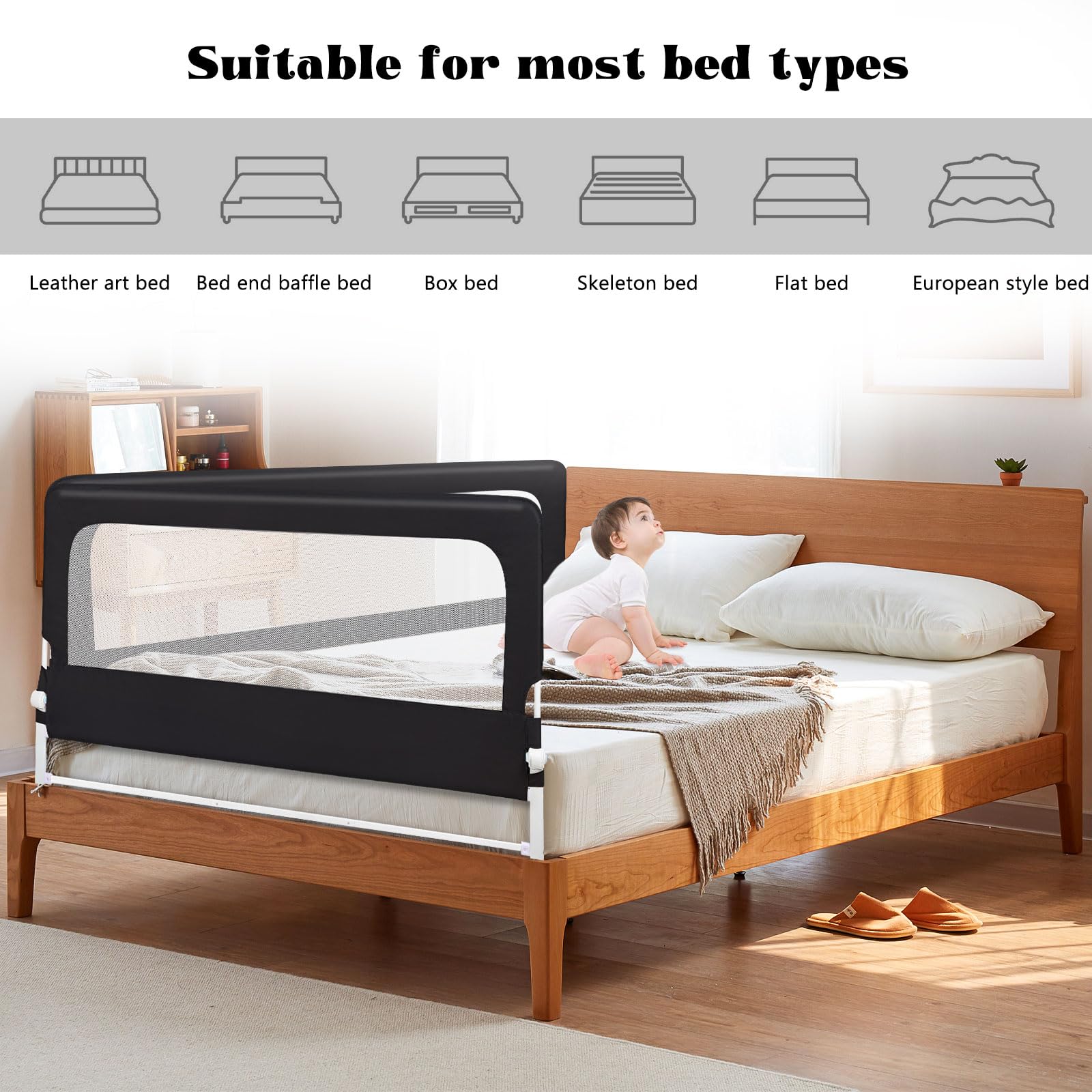 HUOLE Griglia di protezione per letto per bambini, Barriera Protettiva Anticaduta Letto, Richiudibile,pieghevole, protezione da cadute-200 * 70 * 26 cm-nero