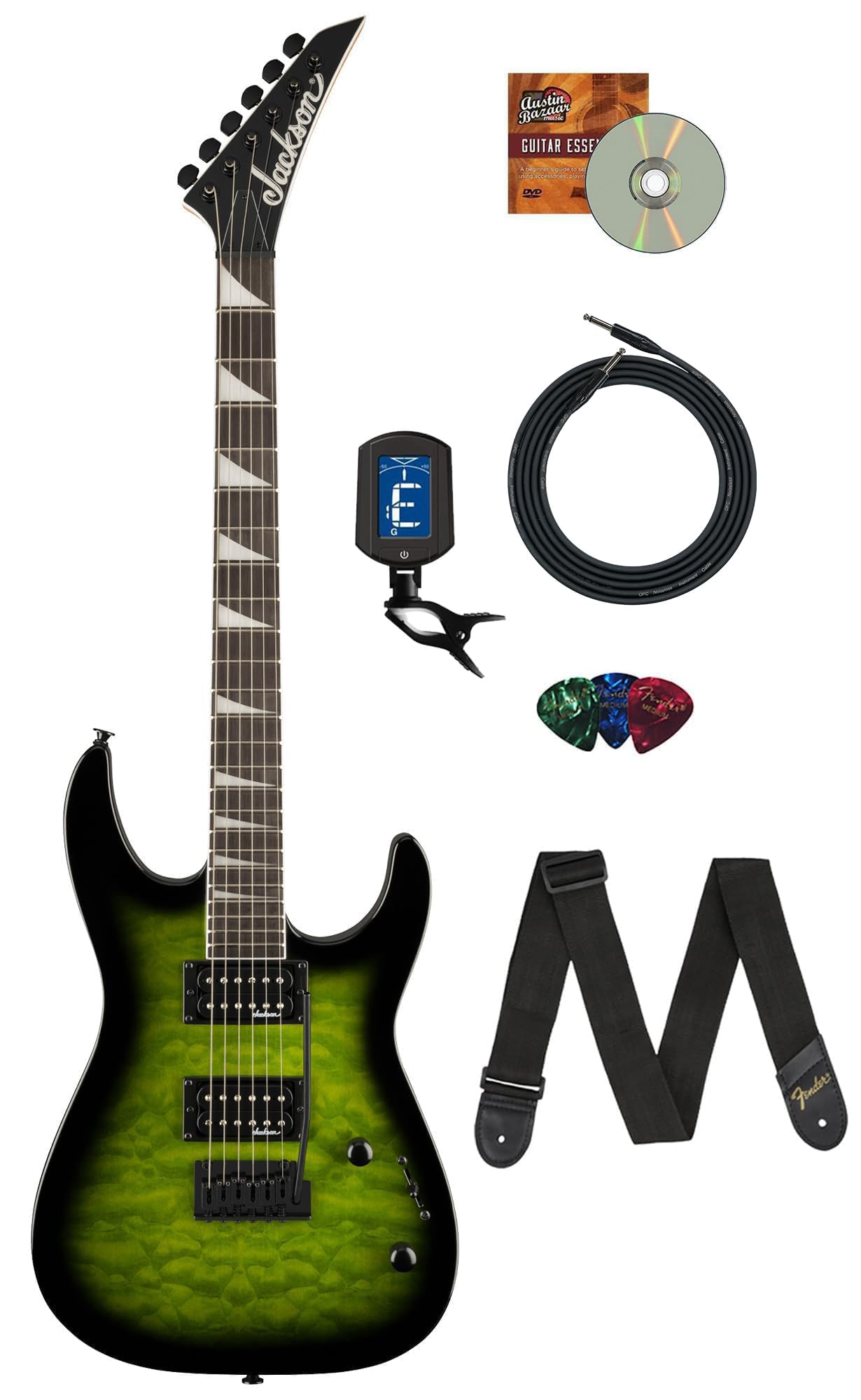 Jackson JS Series Dinky JS20 DKQ 2PT Electric Guitar - Transparent Green Burst Bundle with Cable, Tuner, Strap, Picks, and Austin Bazaar Instructional DVD