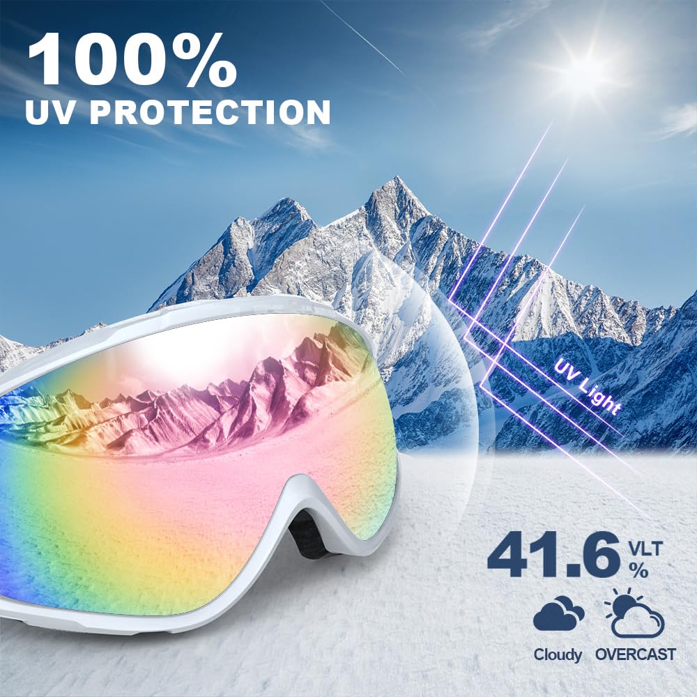 Findway Maschera da Sci, Occhiali da Sci per Uomo Donna Teenager OTG Maschere Sci,Anti Nebbia 100% Anti-UV Maschera Sci,Adatto a Snowboard,Motocross e Altri Sport Invernali