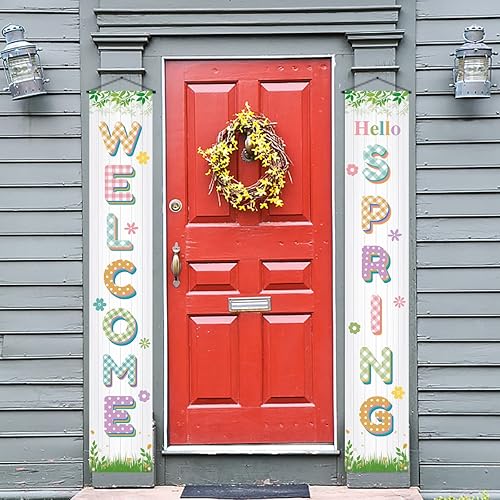 Miniatura 6 de Vohado Letrero colgante con temática de Pascua de Hello Welcome Spring Happy Easter para puerta de porche delantera, decoración interior y exterior