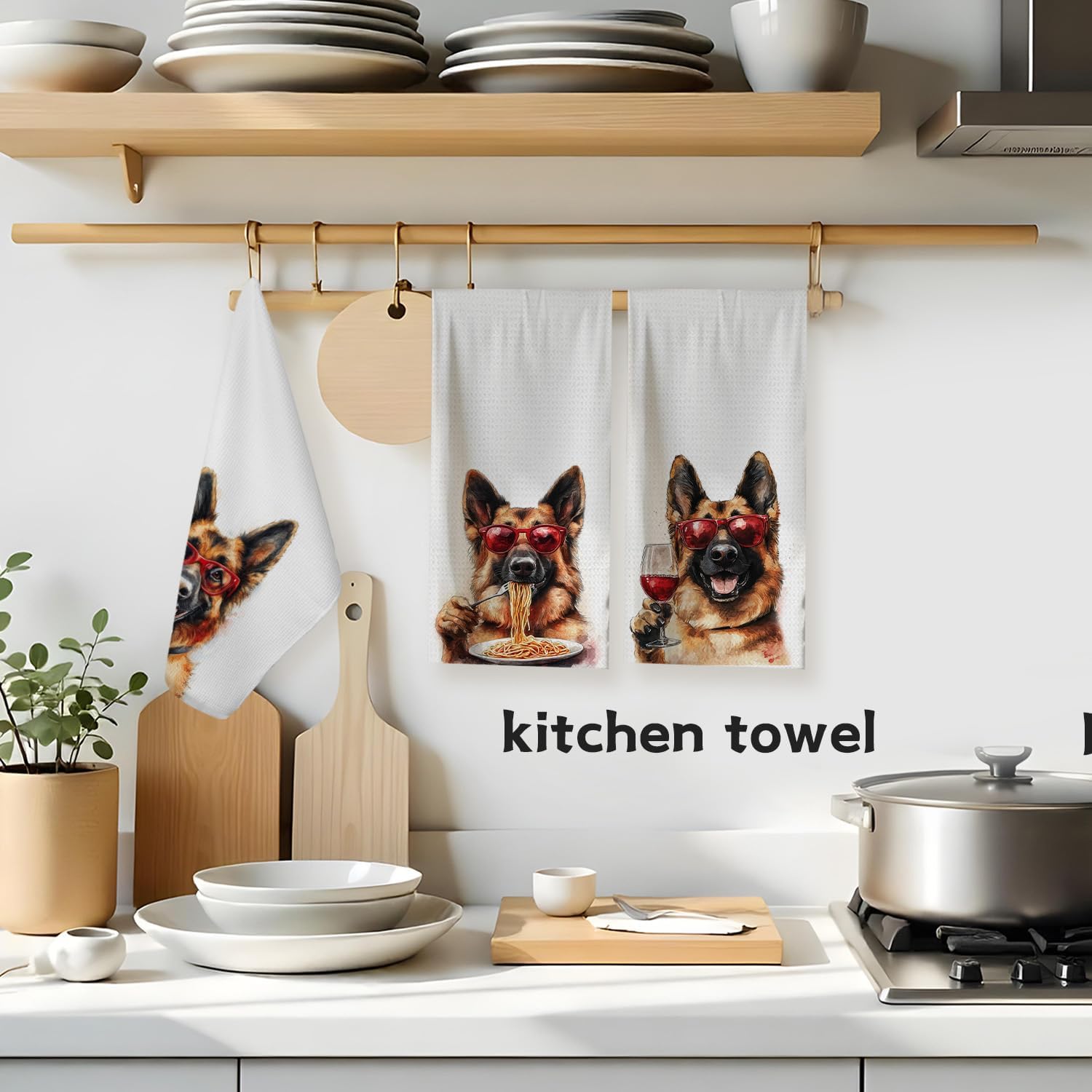 German Shepherd Wine Coffee Spaghetti Kitchen Towels, Gifts for German Shepherd Dog Lovers Decorative Hand Towels, Wine and Coffee Lover Gifts Dish Tea Towel for Kitchen, 16x24 Inch Set of 3 - Image 3