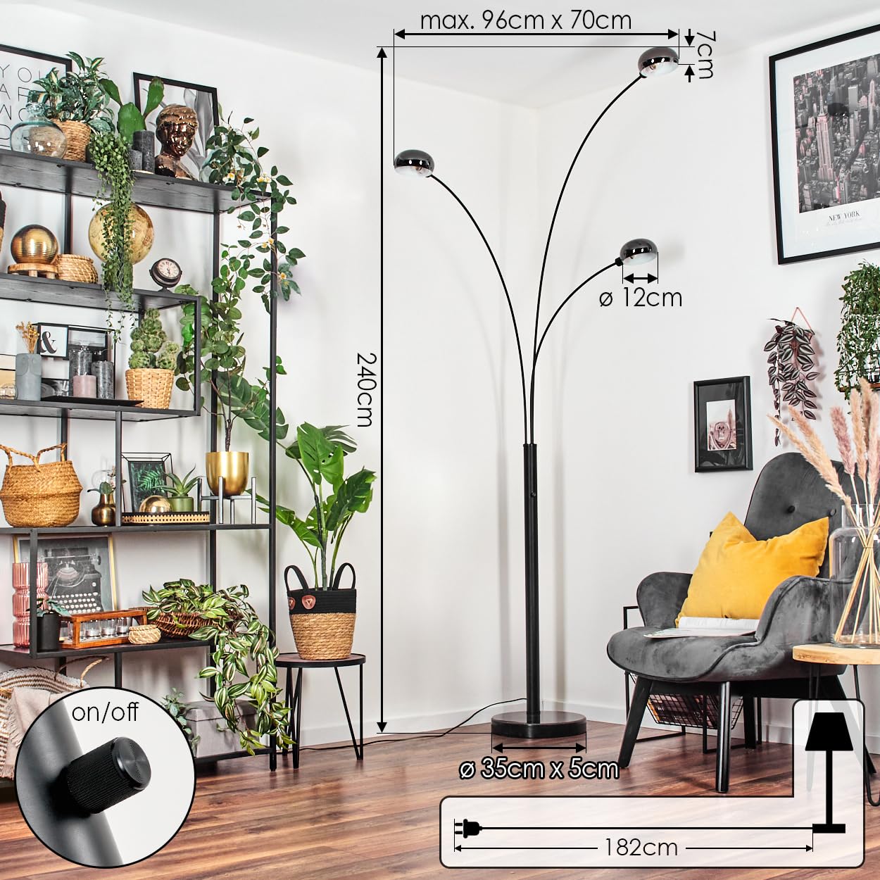 HOFSTEIN Nikkala Lampadaire en métal noir/chrome/fumée avec pied en marbre, lampe réglable au design rétro/vintage, interrupteur sur le boîtier, 240 cm, E14, salon, chambre, bureau
