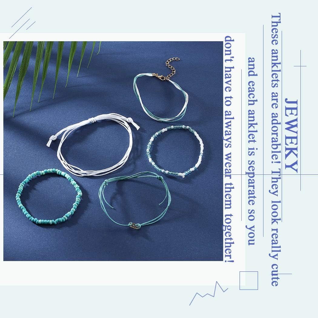 Jeweky Boho Layered Turquoise Anklets Blue Ankle Bracelets Wax Rope Beach Foot Jewelry for Women and Girls: Clothing, Shoes & Jewelry