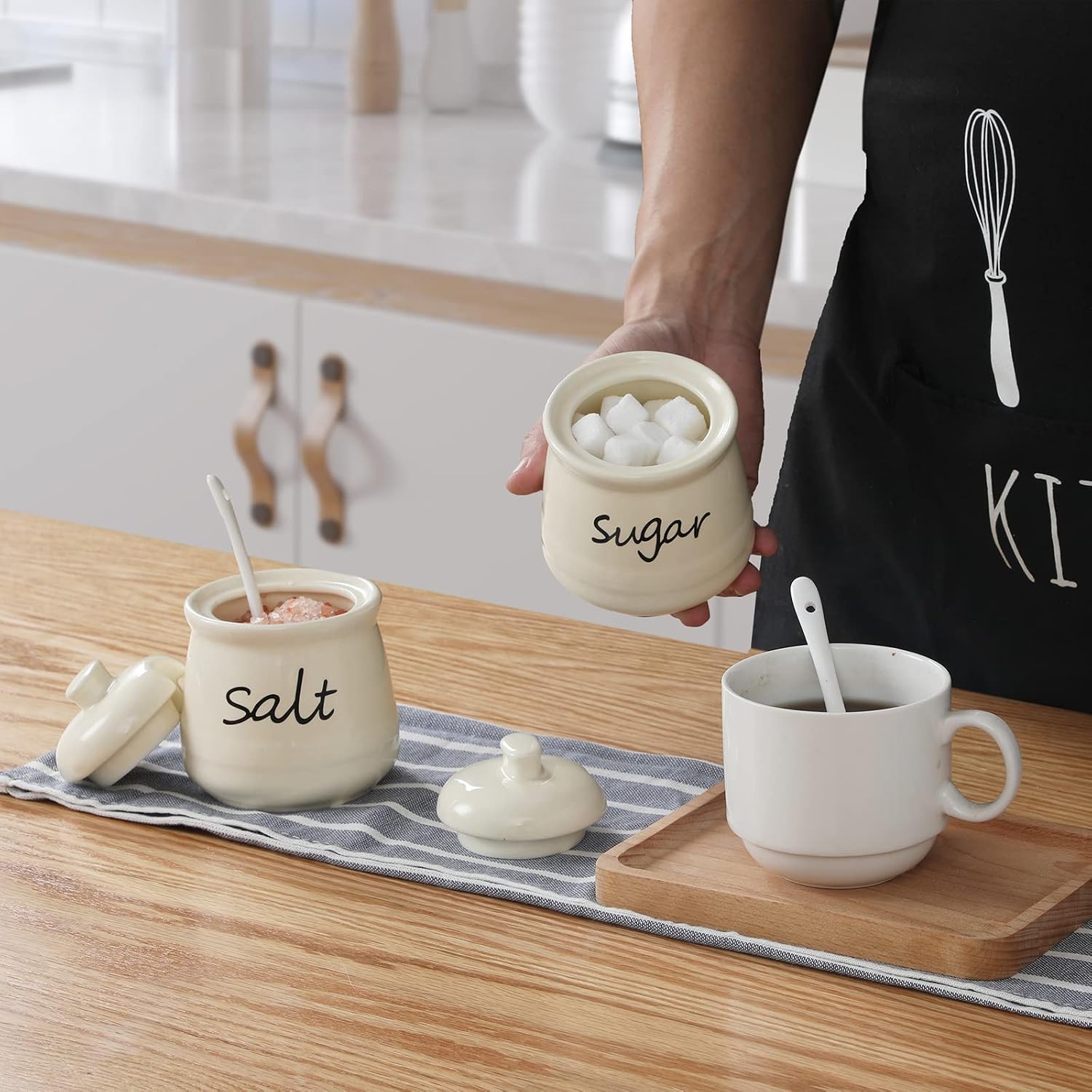 12oz Sugar and Salt Bowls with Lid and Spoon, Ceramics Condiment Pots,Seasoning Jar Spice Container for Kitchen,Dishwasher Safe (Beige)