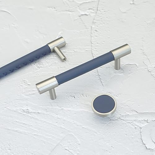 Miniatura 6 de LBFEEL Tirador de cuero azul para armario, pomos de acero cepillado, accesorios modernos para muebles (perilla redonda)