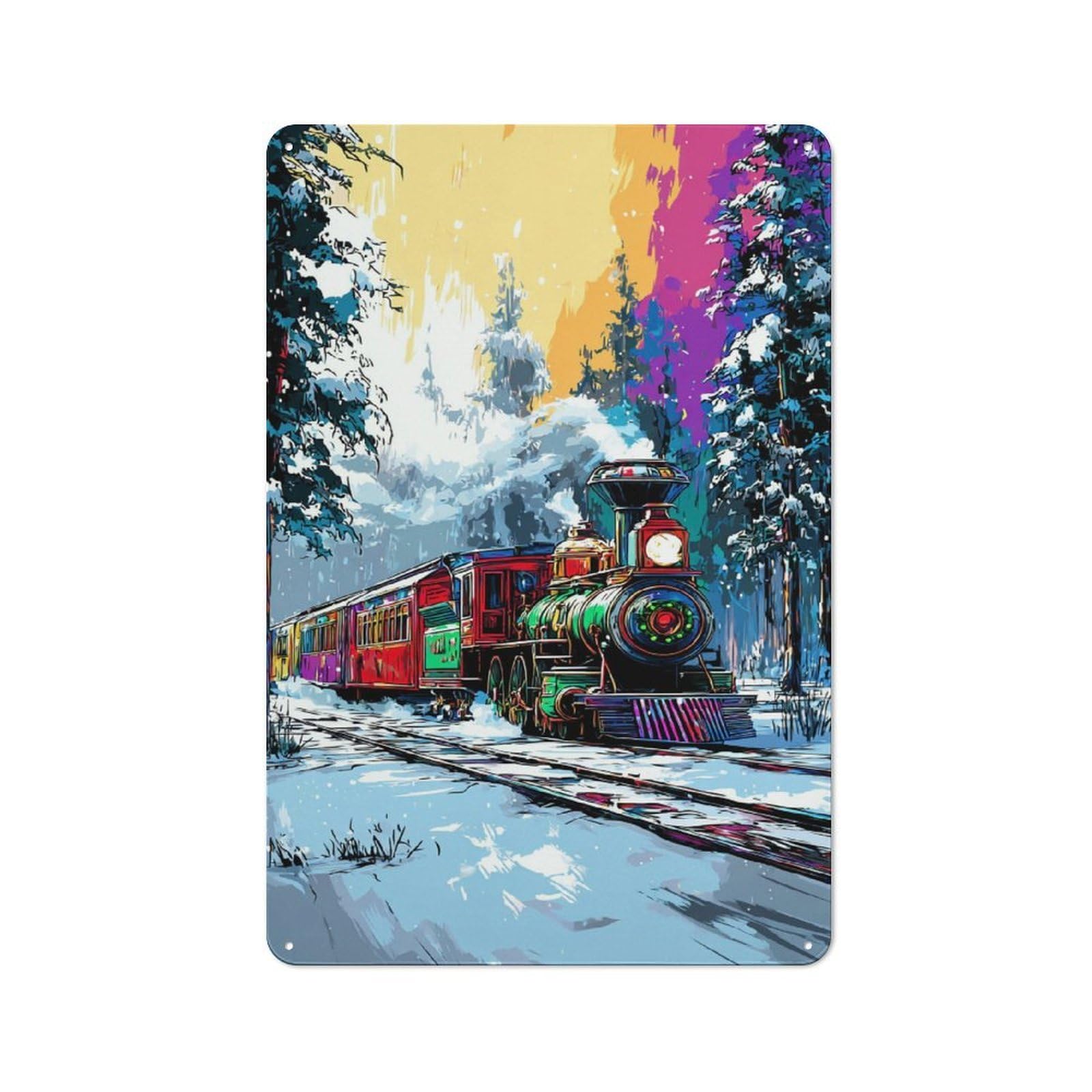 Junmoney Colorful Winter Train Journey Rustic Tin Sign 30X20cm, Vintage Porch Wall Decor For Conservatory, Home Bar Or Utility Room