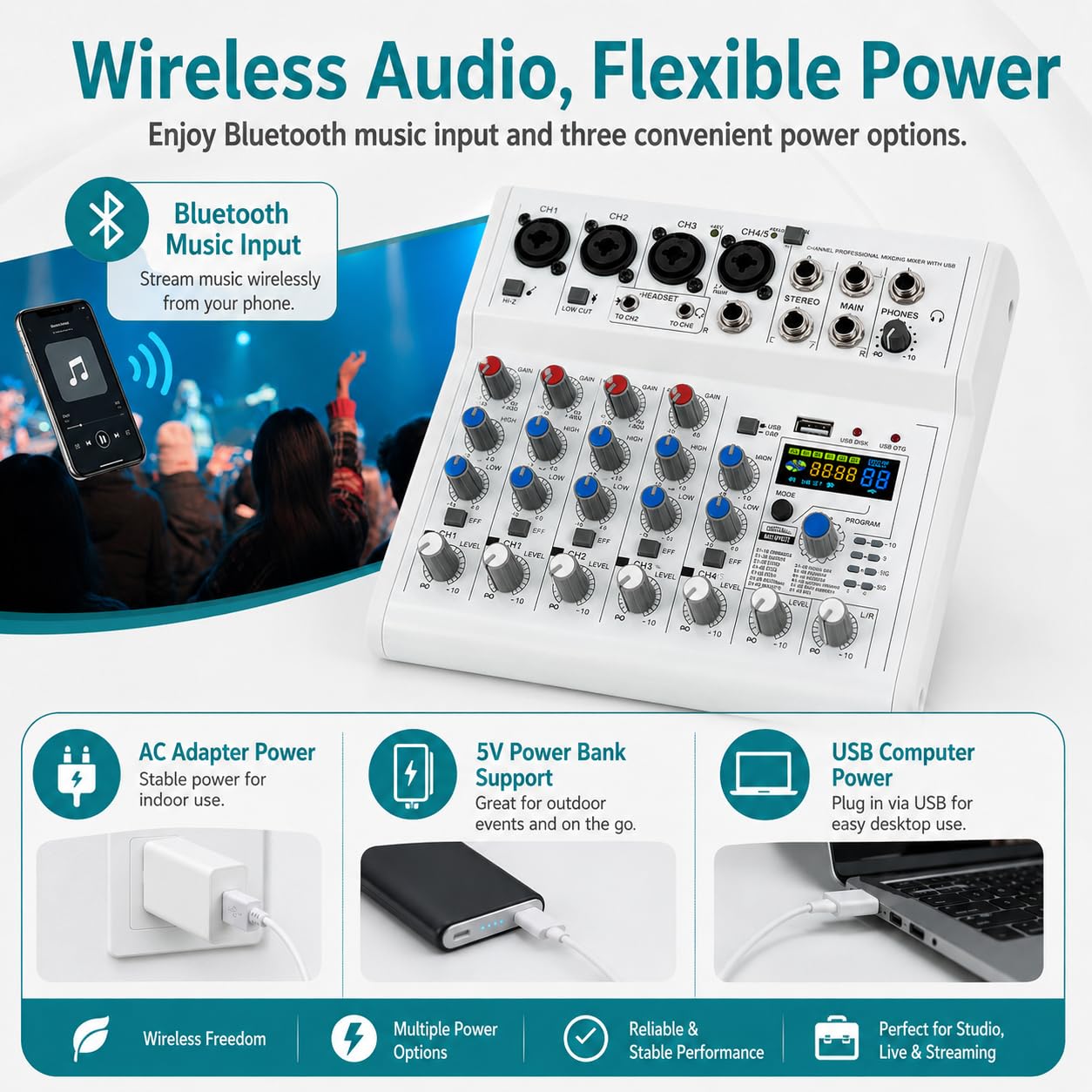 Mixer audio Bluetooth a 7 canali, mixer professionale con interfaccia audio USB, mixer con 88 tipi di DSP e 48 V CC, mixer per spettacoli palcoscenici, studi di registrazione, spettacoli DJ