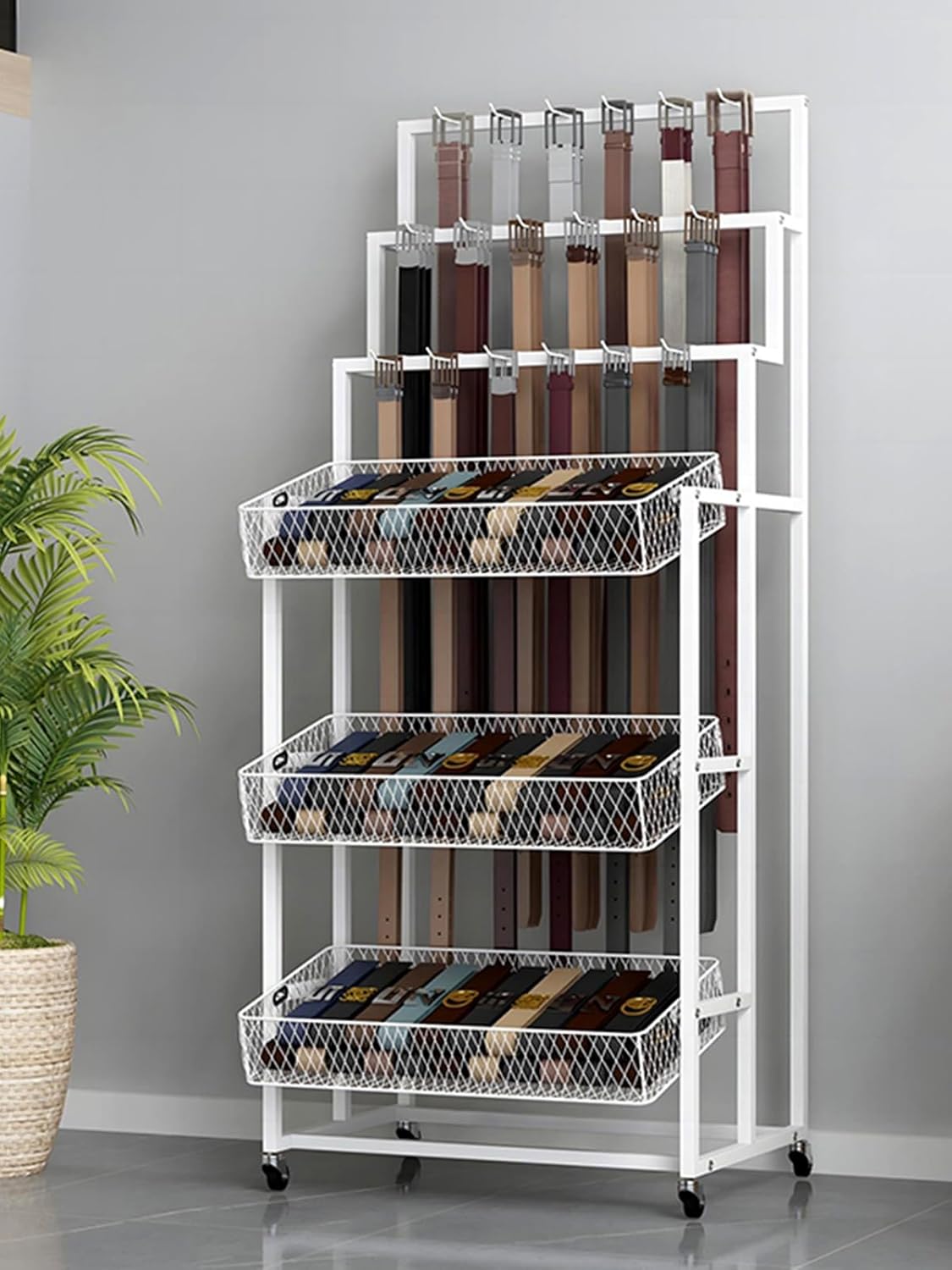3in Large Hooks, Commercial Belt Hangers Retail Rack Stand, 3 Storage Basket and Locking Wheels - Boutiques Belt/Sock Organizer for Convenience Store/Supermarket(White,L x W 60x150cm/23.6x59 in)