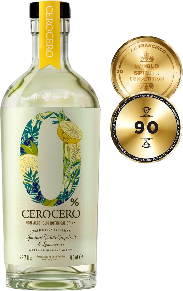 CeroCero White Grapefruit & Lemongrass Non Alcoholic Gin, 0.0% ABV, 700ml | SFWSC 90pts. Halal · Vegan · Gluten-Free. Indian lemongrass & Cairngorm water. Perfect for Citrus Sling & G&T cocktails.