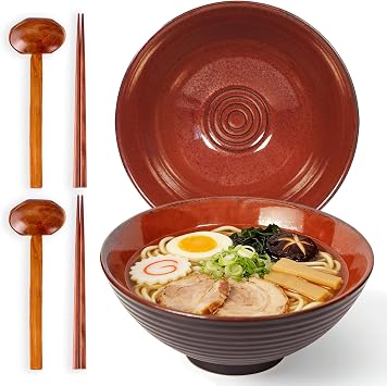 Ceramic Japanese Style Ramen Bowl Set with Chopsticks,8 inch 40 oz Pho Bowls & Asian Soup Bowl and Spoons Set for Udon Noodle,Soba,Miso Soup,Set of 2 red