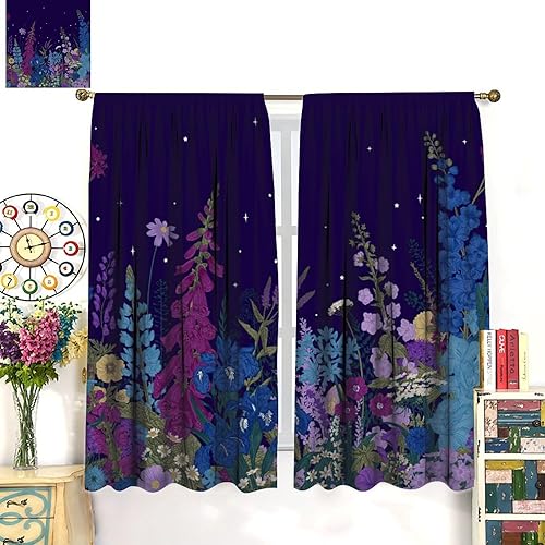 Miniatura 201 de Retro 70s Floral Blackout Window Curtains, Watercolor Flower Plant Rustic Modern Style Pattern Window Drapes, for Bedroom Living Room 42x45in 2