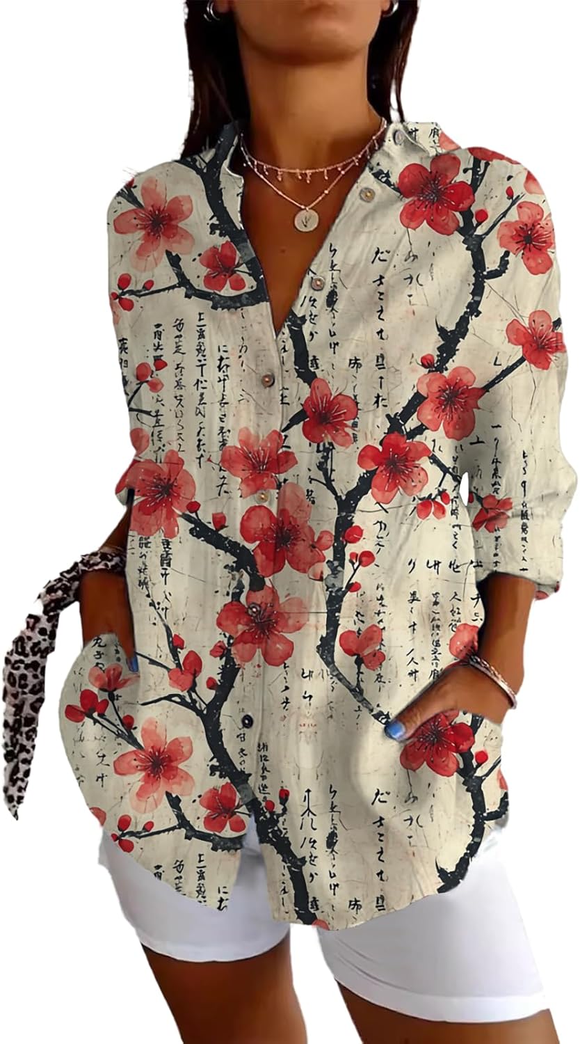 domirica Active Tops for Women Button Up Loose V Neck Collar Hippie Blouses Three-Quarter Sleeve Basic Tops