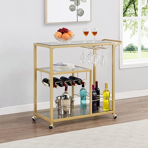 Miniatura 7 de Carritos de barra plateados con soportes de vidrio y estante para vino, carritos de servicio de bar casero de 3 niveles con estantes de vidrio,