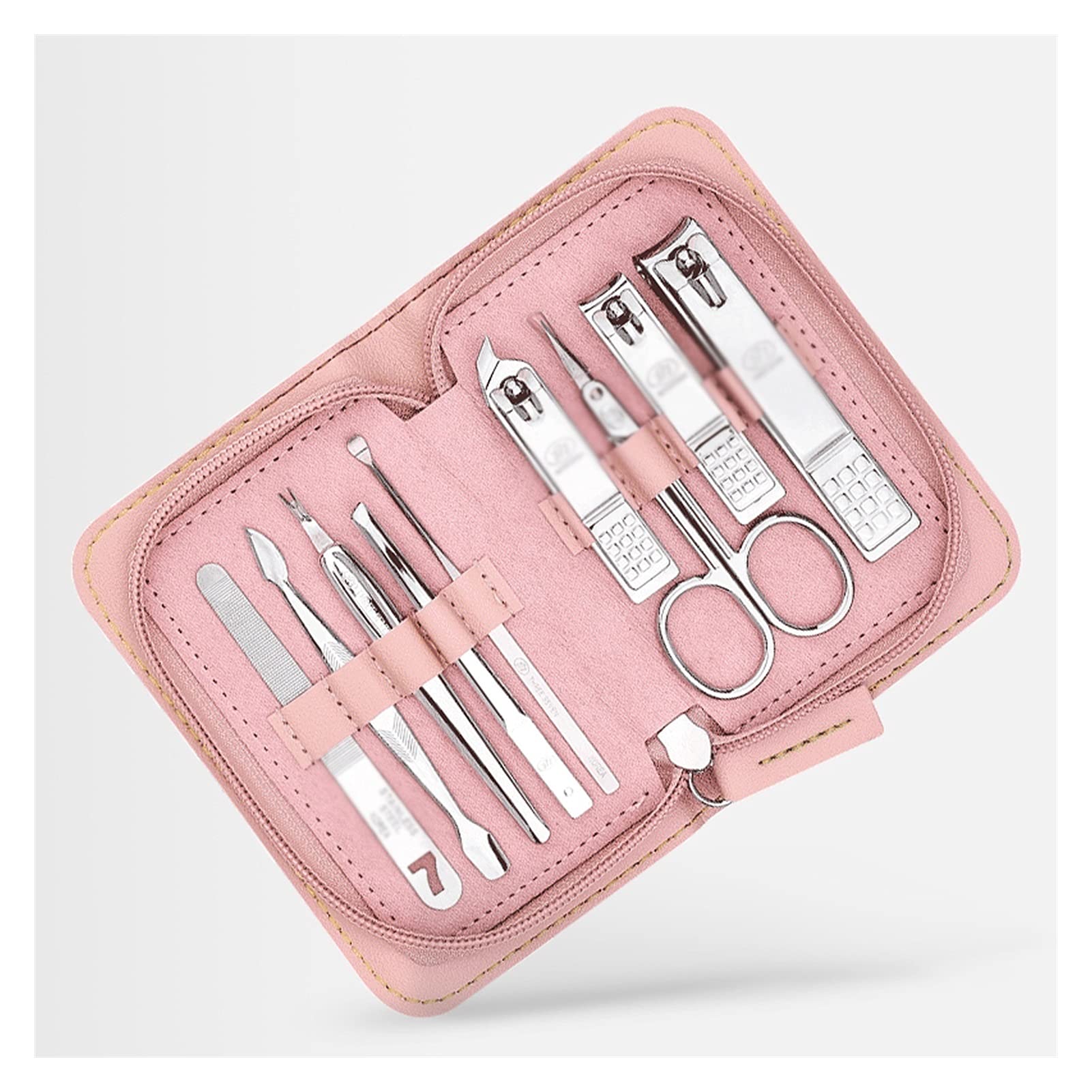 Zestaw do manicure 9 w 1 ze stali nierdzewnej, profesjonalny zestaw do czyszczenia paznokci, klipsy do pedicure, narzędzia do pielęgnacji paznokci z przenośną walizką podróżną (kolor: różowy)