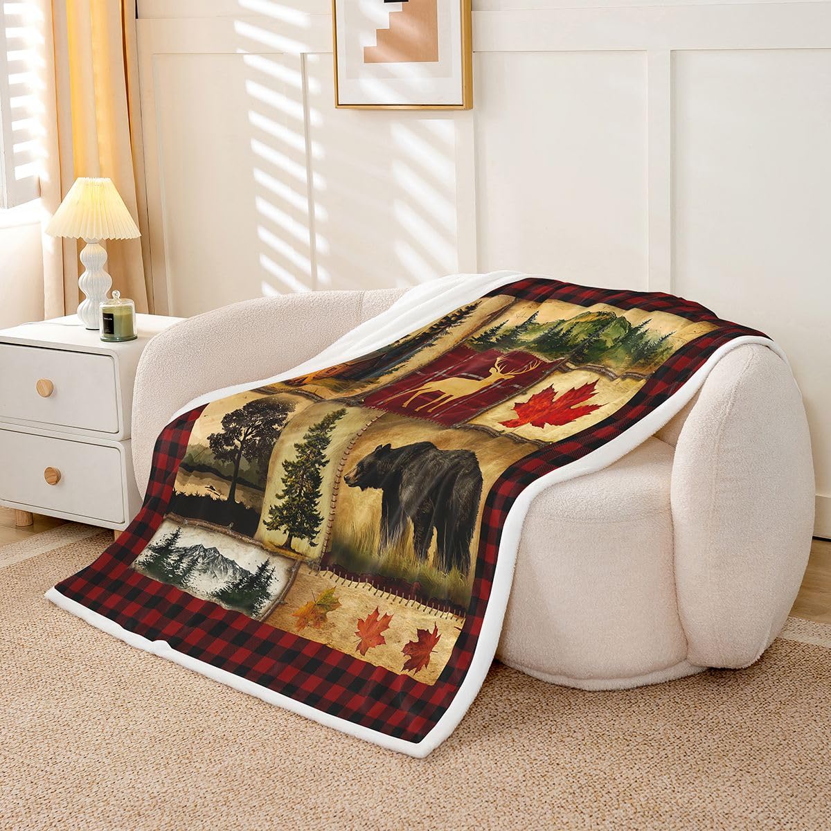 Bear Cabin Plaid Coperta Queen, Rustica Fattoria Coperta in Pile Coperta Retrò Caccia Cervo Coperta Country Woodland Pine Tree Fuzzy Blanket Foglia d'Acero Lodge Decor Sherpa, Rosso Nero Marrone
