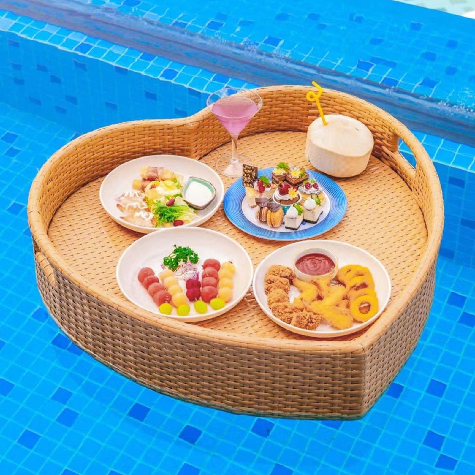 Prettiee Floating Serving Tray for Breakfast Pool Float Tray Black Drink Holder Hotel Pool Breakfast Tray Versatile Floating Tray for Tea & Coffee Perfect for Entertaining (Beige)