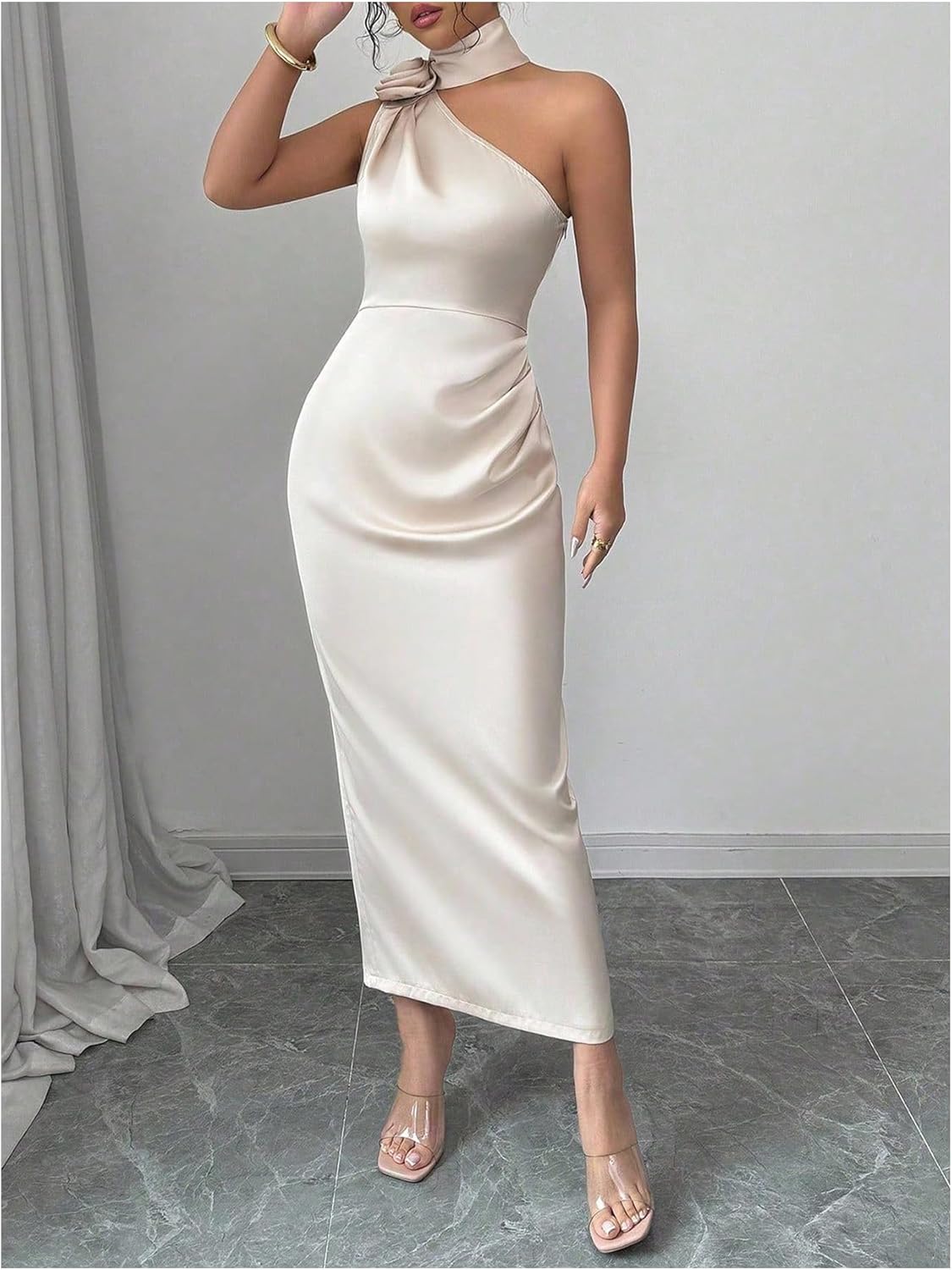 Floerns Women's 3D Floral One Shoulder Maxi Dress Bodycon Satin Wedding Guest Dresses with Scarf - Image 4