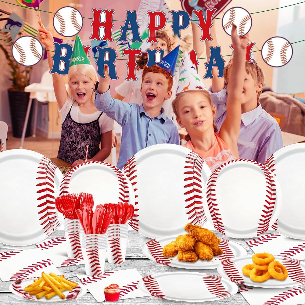 170pcs Baseball Themed Birthday Party Supplies Including Banner,Dinner Plates,Napkins,Forks Tablecloth Disposable Paper Tableware Set Baseball Party Decorations for Kids Serve 24 Guests