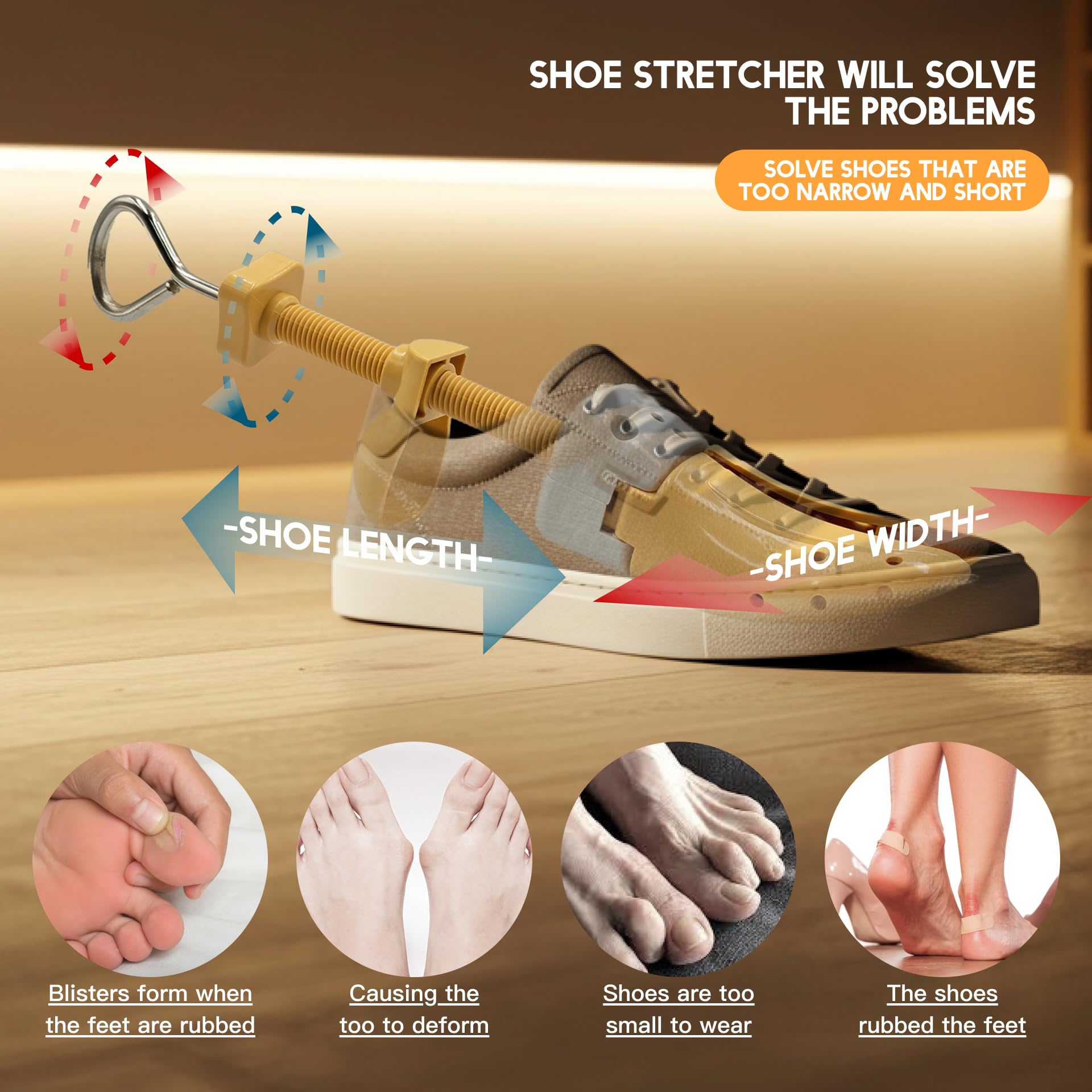 JJDPARTS Estirador de zapatos para mujeres y hombres, par de expansores de zapatos de 4 vías, longitud y ancho ajustables