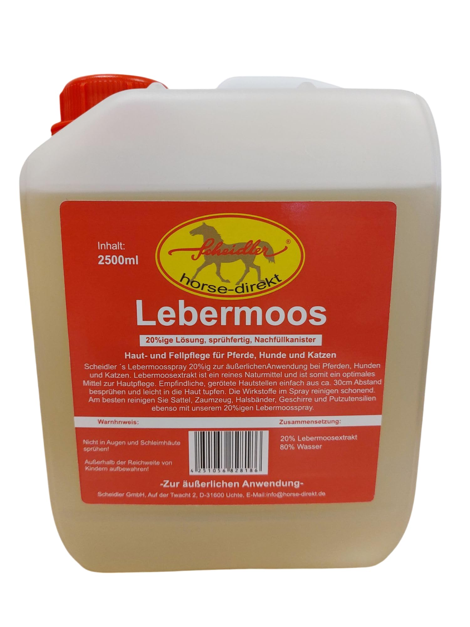 Scheidler horse-direkt Lebermoos Extrakt 20% ig, 2500ml Nachfüllkanister, sprühfertig, Haut- u. Fellpflege bei Pferden, Hunden und dem Zubehör, Lebermoosextrakt Made in Germany