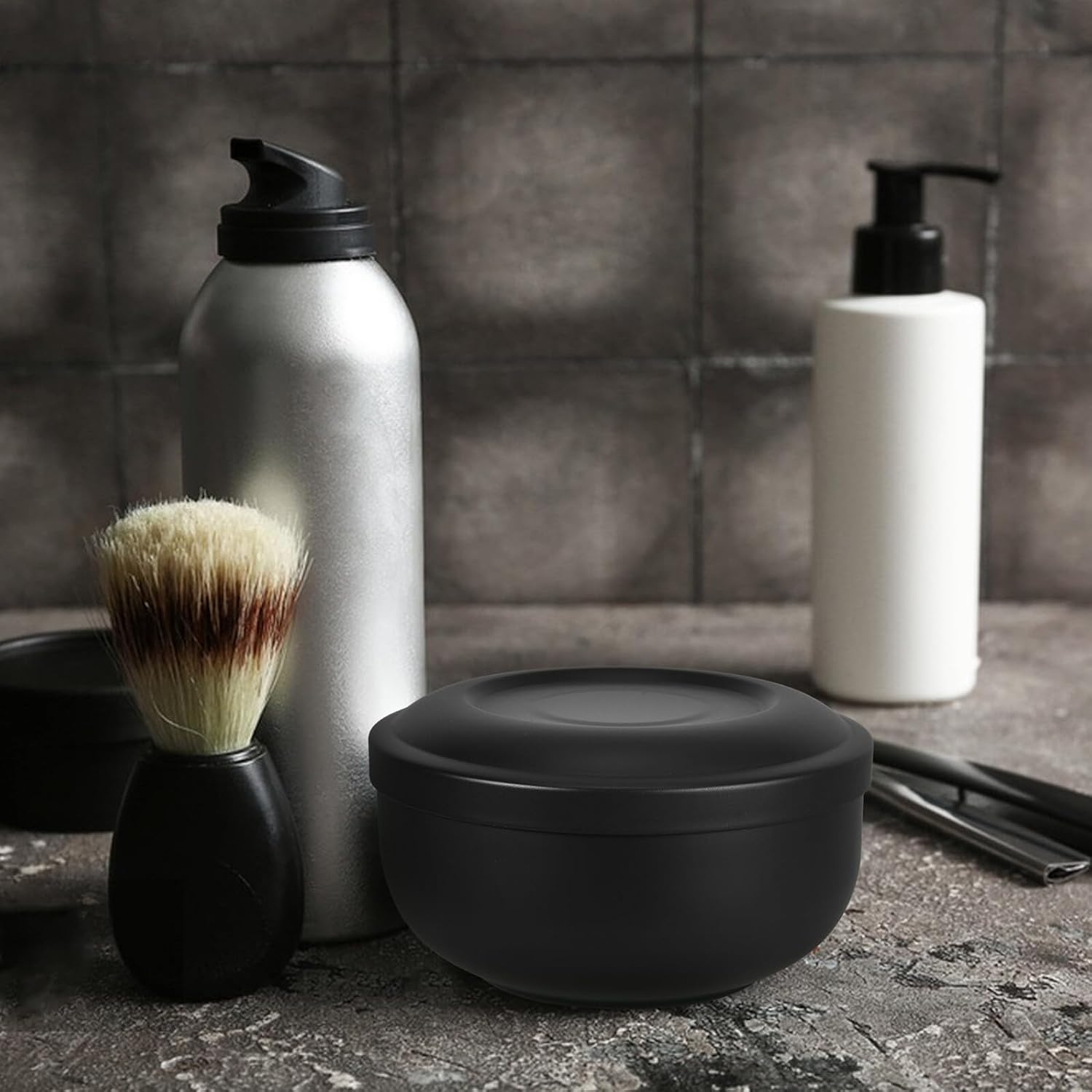 Mikikit Stainless Steel Men’s Shaving Soap Bowl with Lid and Metal Brush Stand, Reusable Shave Cream Bowl for Daily Grooming and Travel Use