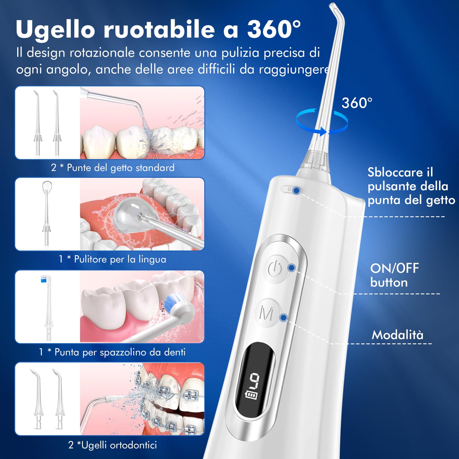 Idropulsore Dentale DIHOOM, Irrigatore Orale 300ml Professionale 9 Modalità e 4 Ugelli, Water Flosser USB Ricaricabile e IPX7 Impermeabile Idropulsore Dentale Portatile pe (Bianco)