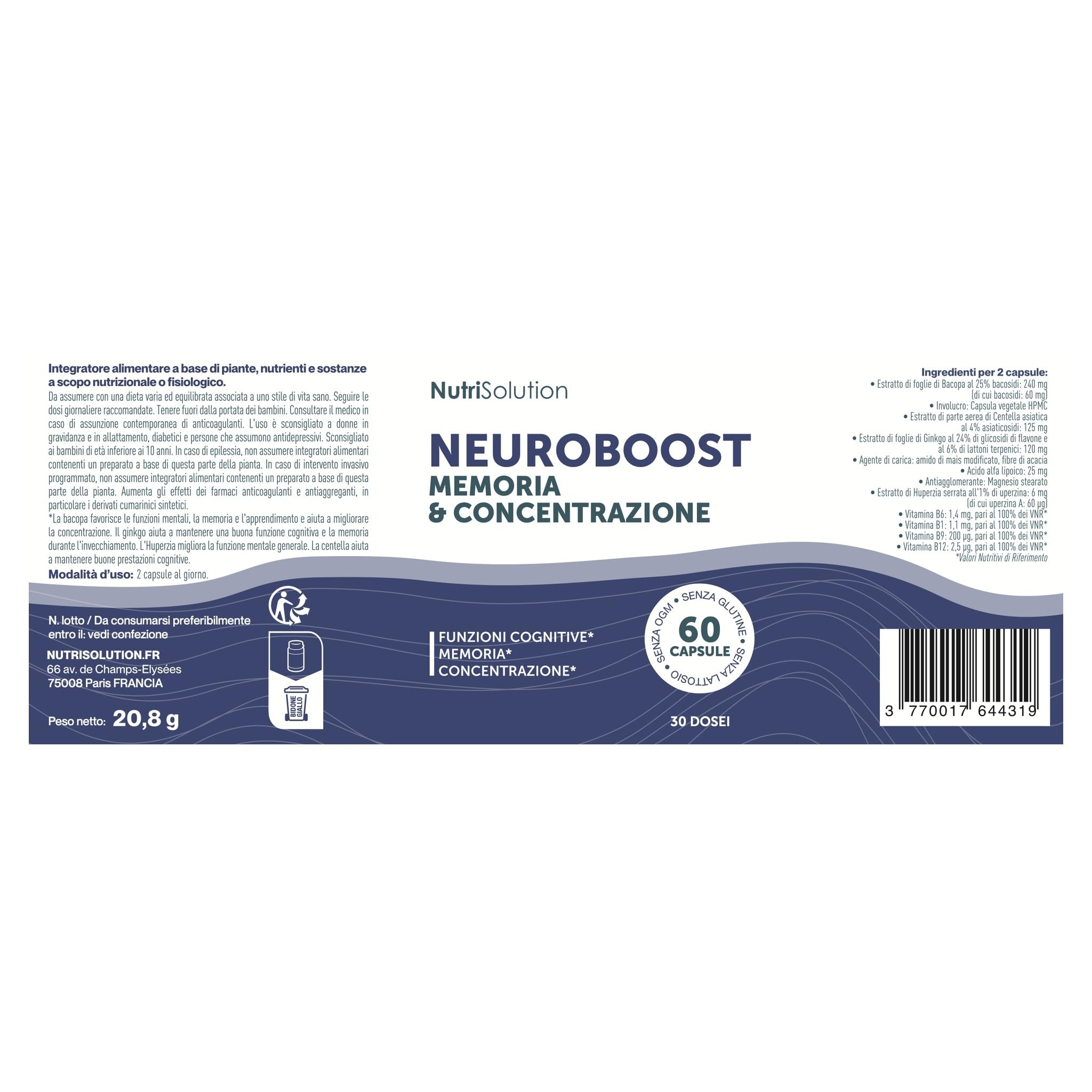 NutriSolution Neuro Boost - 6 confezioni | Integratore alimentare | 360 capsule | Prodotto in Francia