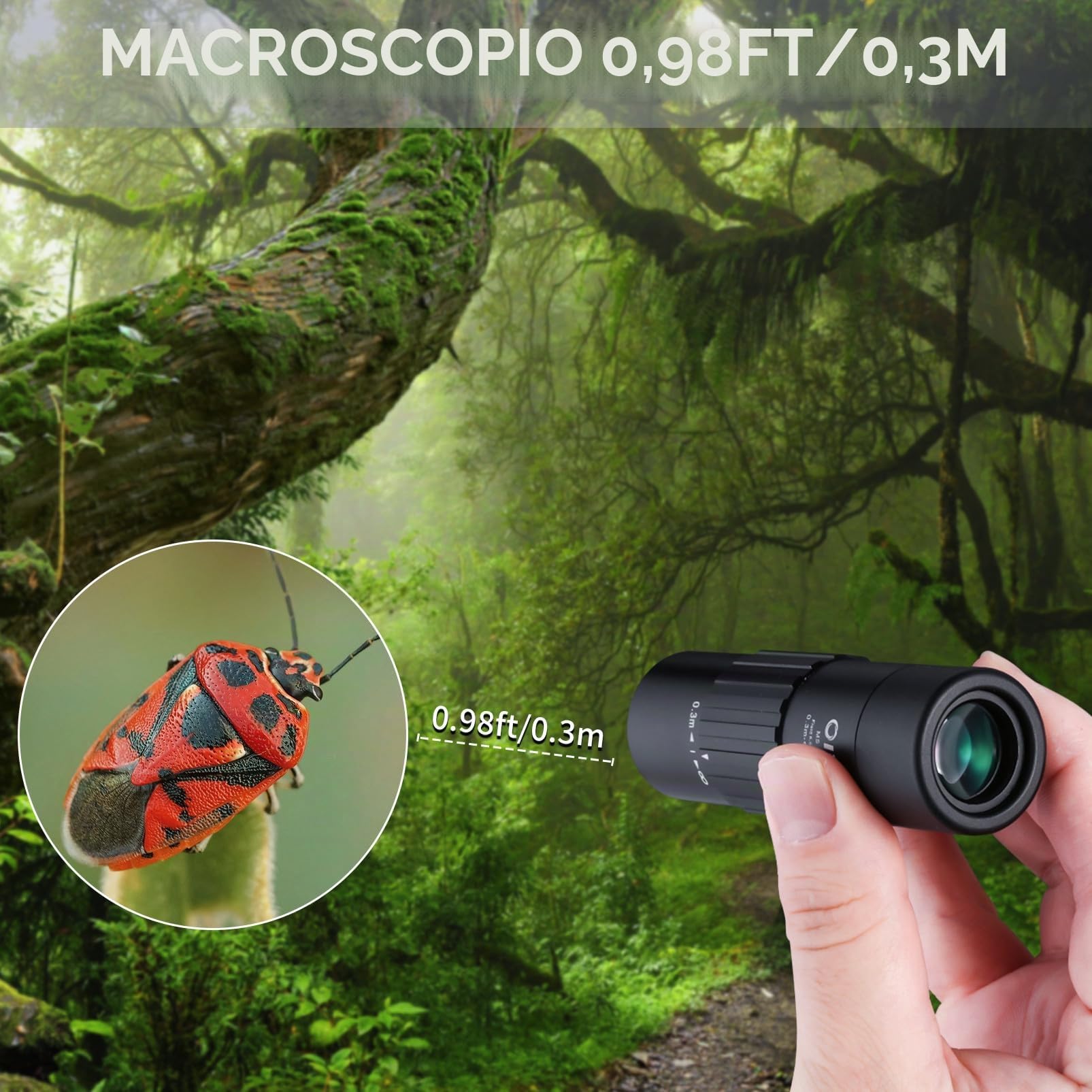 Telescopio monoculare, ingrandimento 10 x 25, compatto, formato tascabile, nero