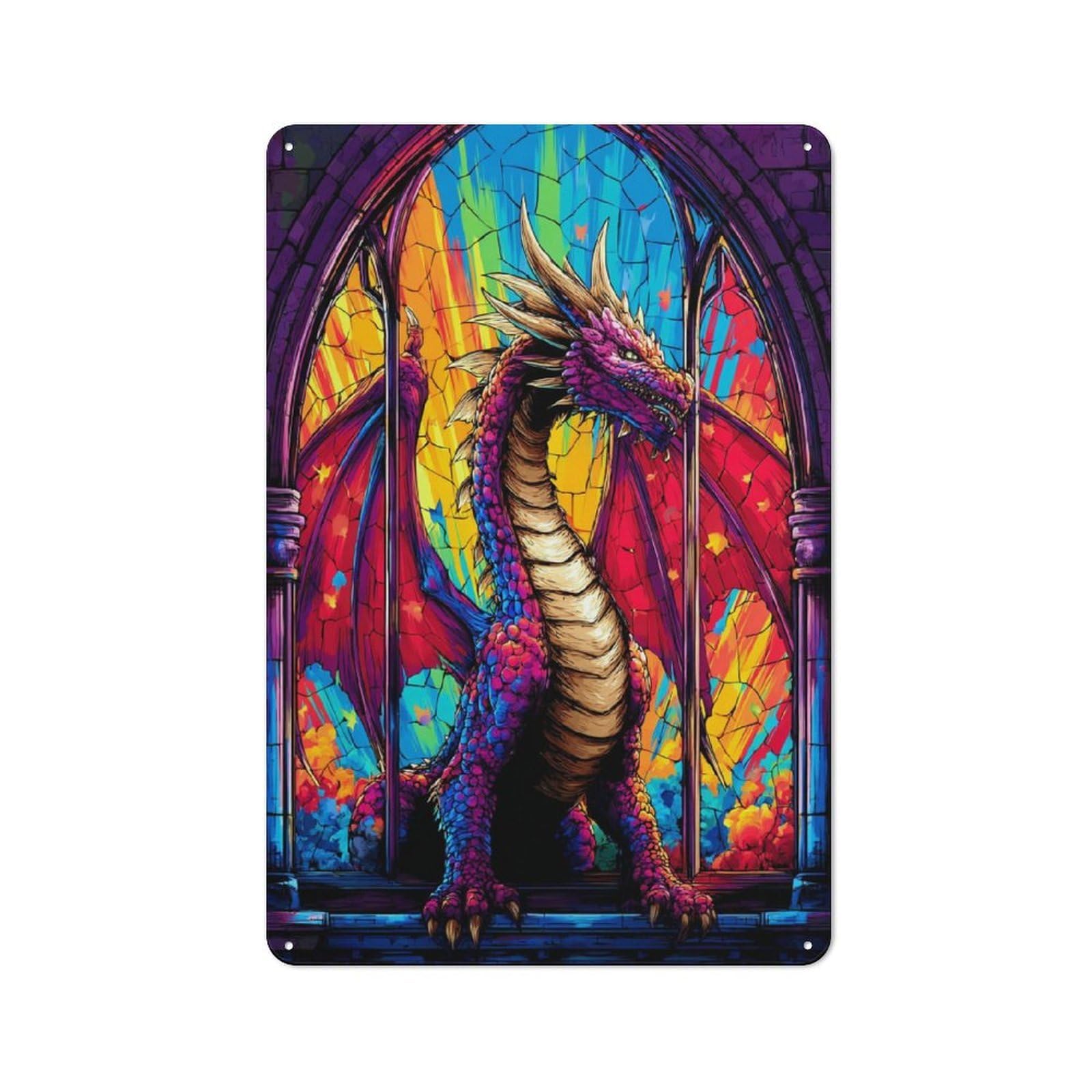 Nostalgic Stained Glass Dragon Majesty -4 Metal Wall Sign 30x20cm, Classic Pub Decor for Bar, Kitchen, Garage Or Games Room