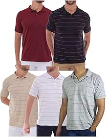 KIT Masculino 5 Peças - Camisa Polo Listrada com Bolso Malha Branco/Preto/Bege/Vinho/Cinza