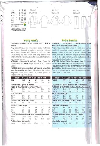 Butterick 5853 - Patrones de costura para bata, cinturón, parte superior y pantalones, tallas XS-S-M (2-6)