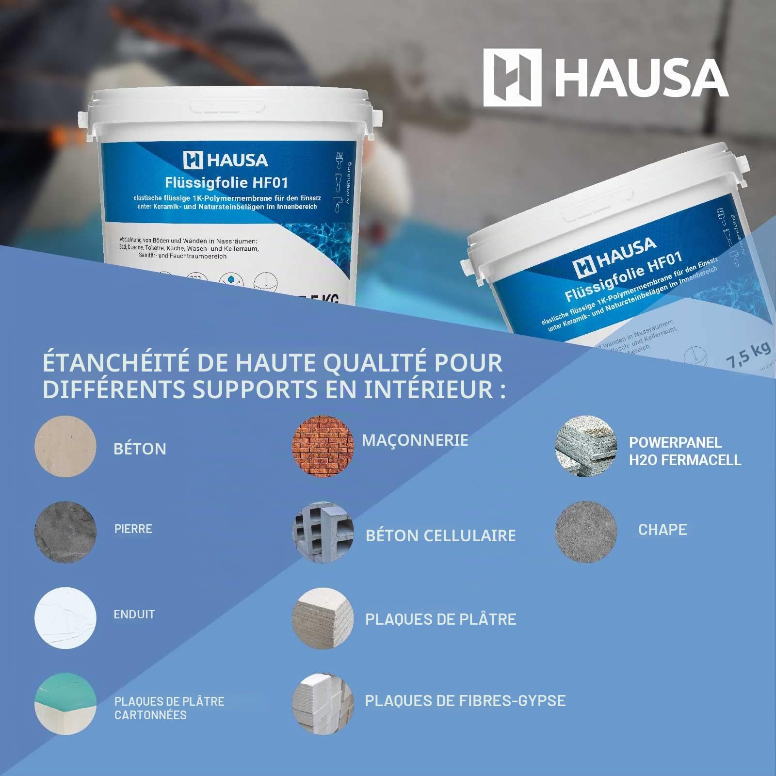 HAUSA HF01 Film Liquide pour l'Intérieur Étanchéité de Douche de Salle de Bain Membrane Polymère Élastique Liquide Monocomposant Masse d'Étanchéité Film d'Étanchéité Bleu 7,5kg à 7,5m2